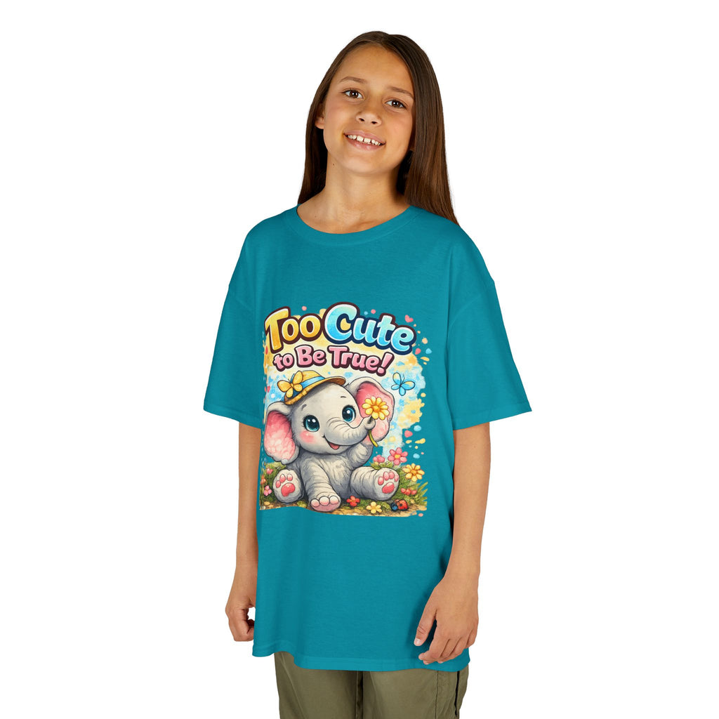 Kids Tee — "Too Cute to Be True" Elephant Graphic
