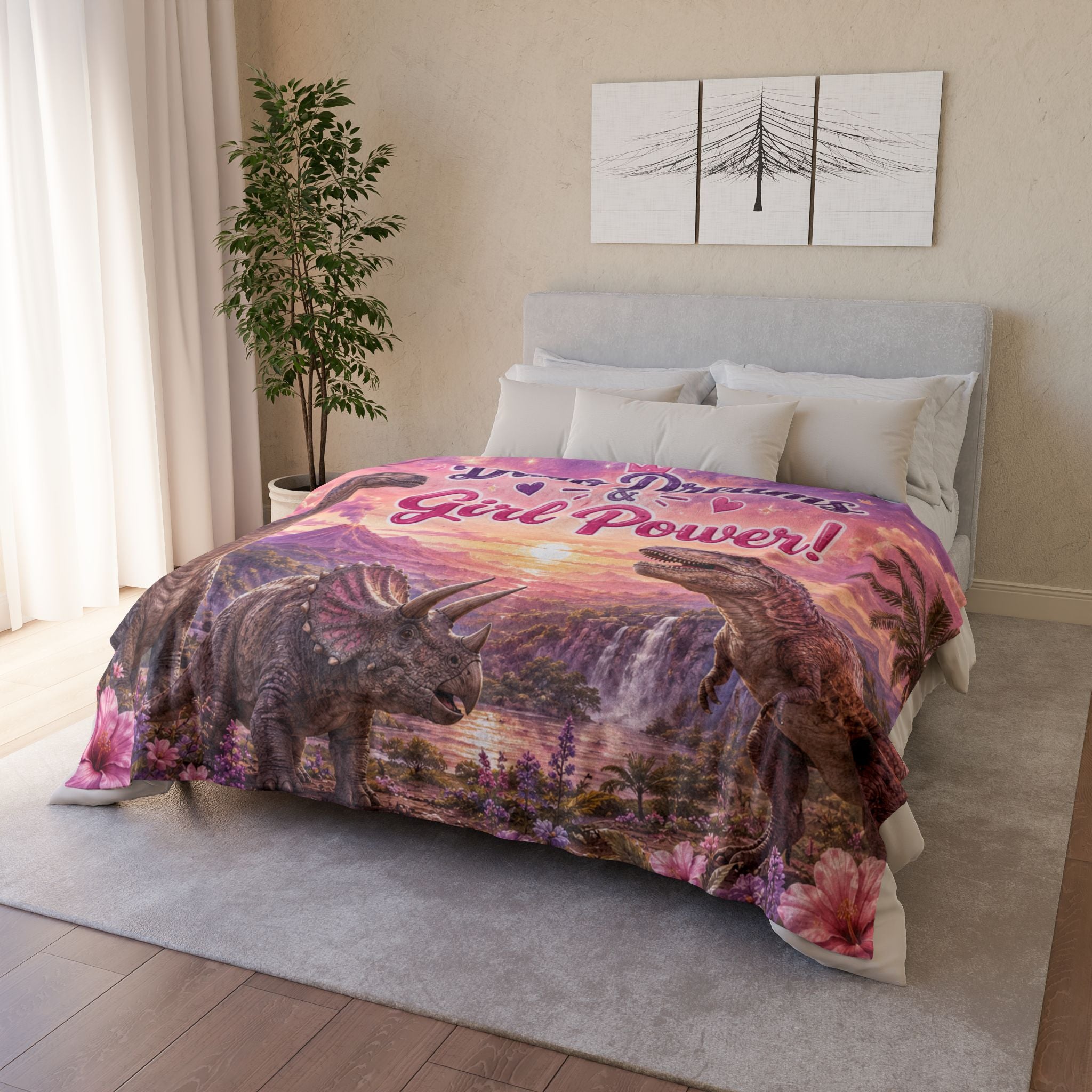 Dino Dreams & Girl Power! Polyester Blanket — Girls' Pink Dinosaur Throw