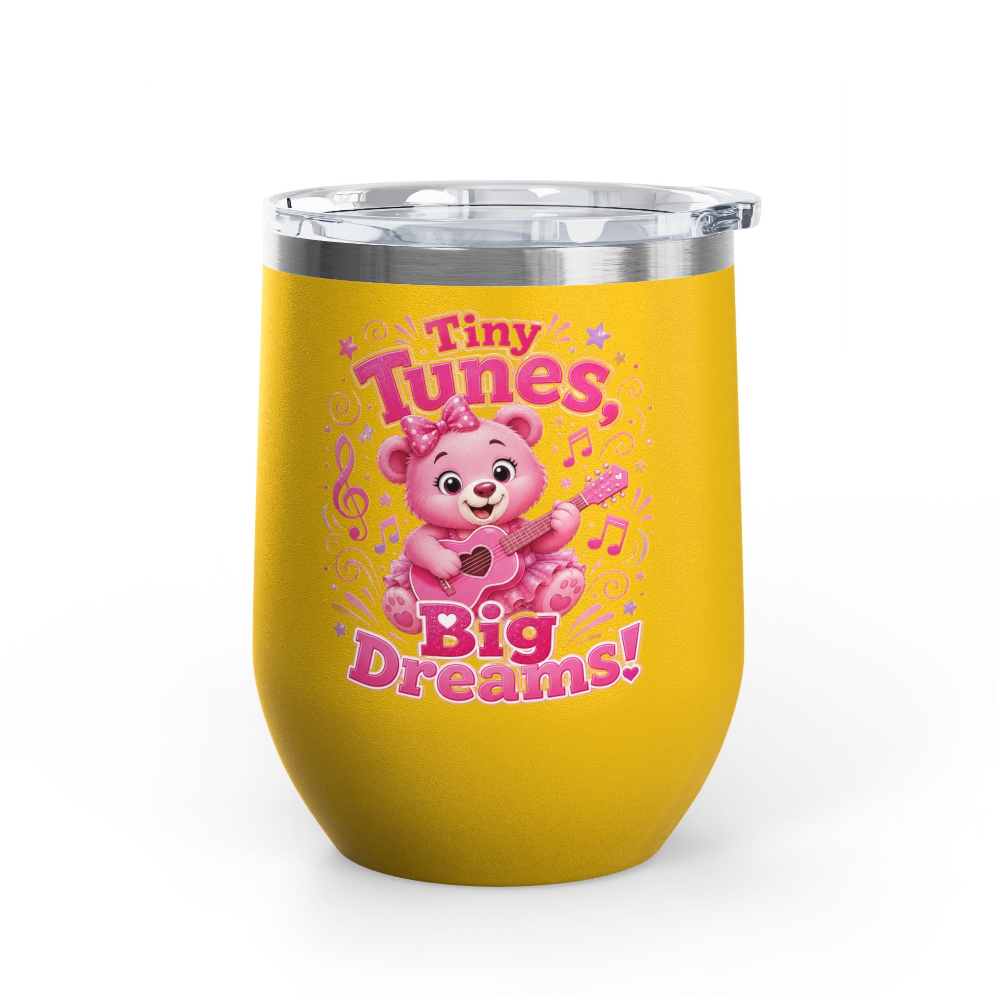 12oz Tumbler — "Tiny Tunes, Big Dreams" Cute Pink Bear Design