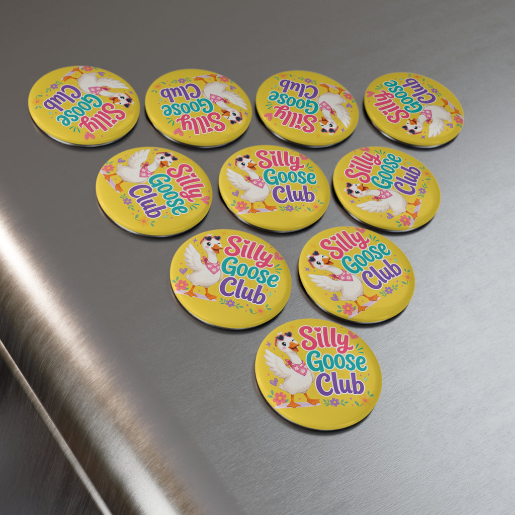Silly Goose Club Round Button Magnet — Cute Yellow Decorative Fridge Magnet
