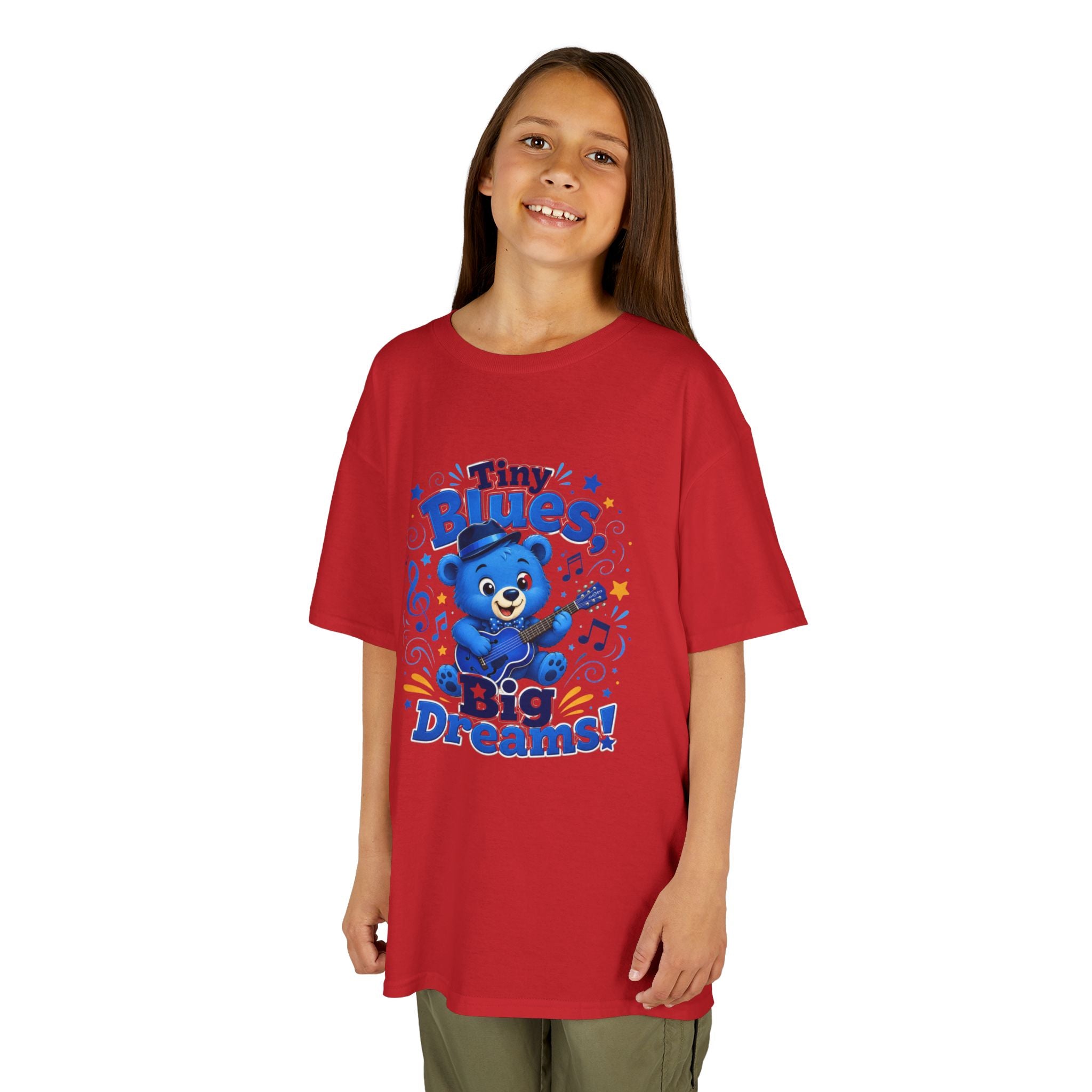 Kids Tee - "Tiny Blues, Big Dreams!" Cute Blue Bear Music Graphic