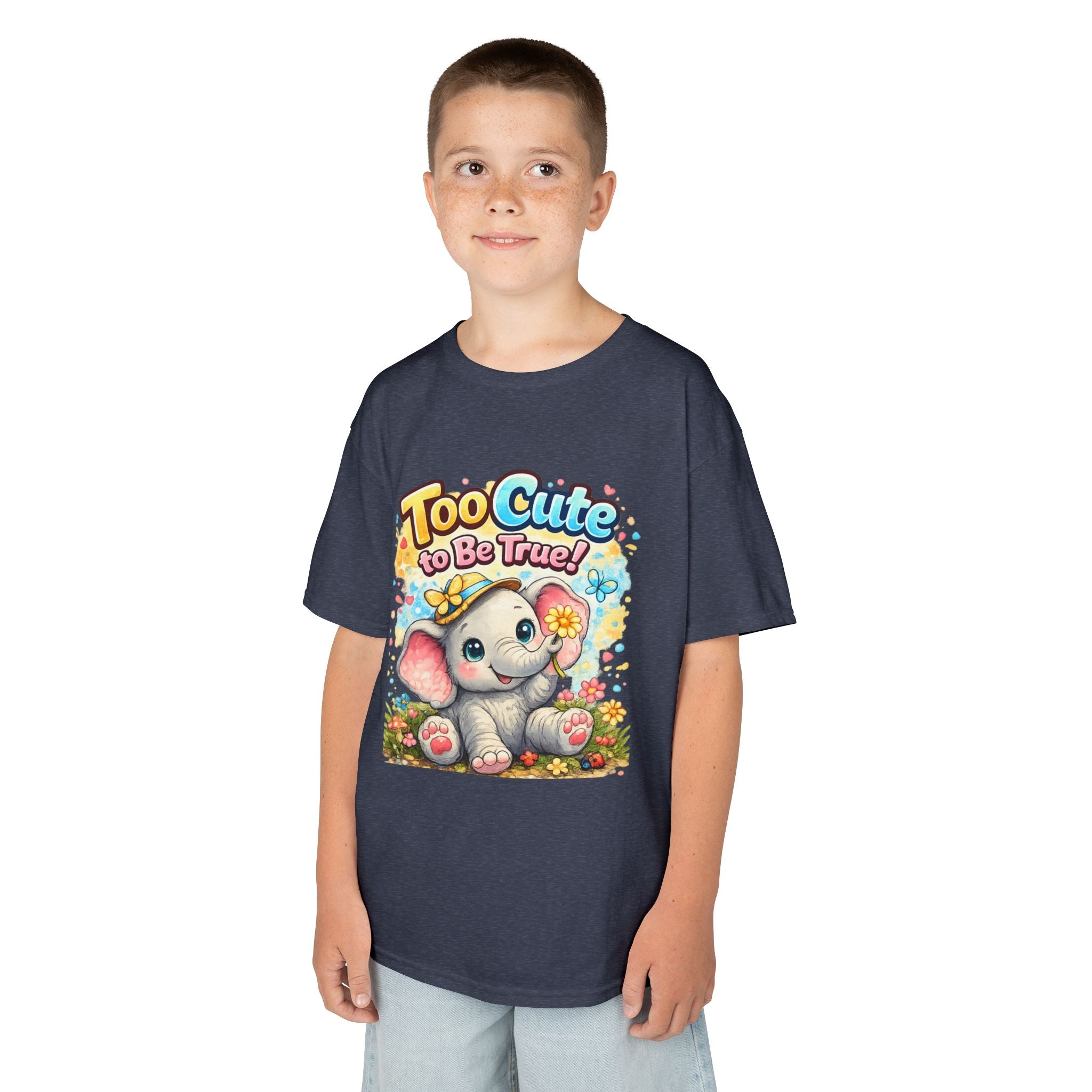 Kids Tee — "Too Cute to Be True" Elephant Graphic