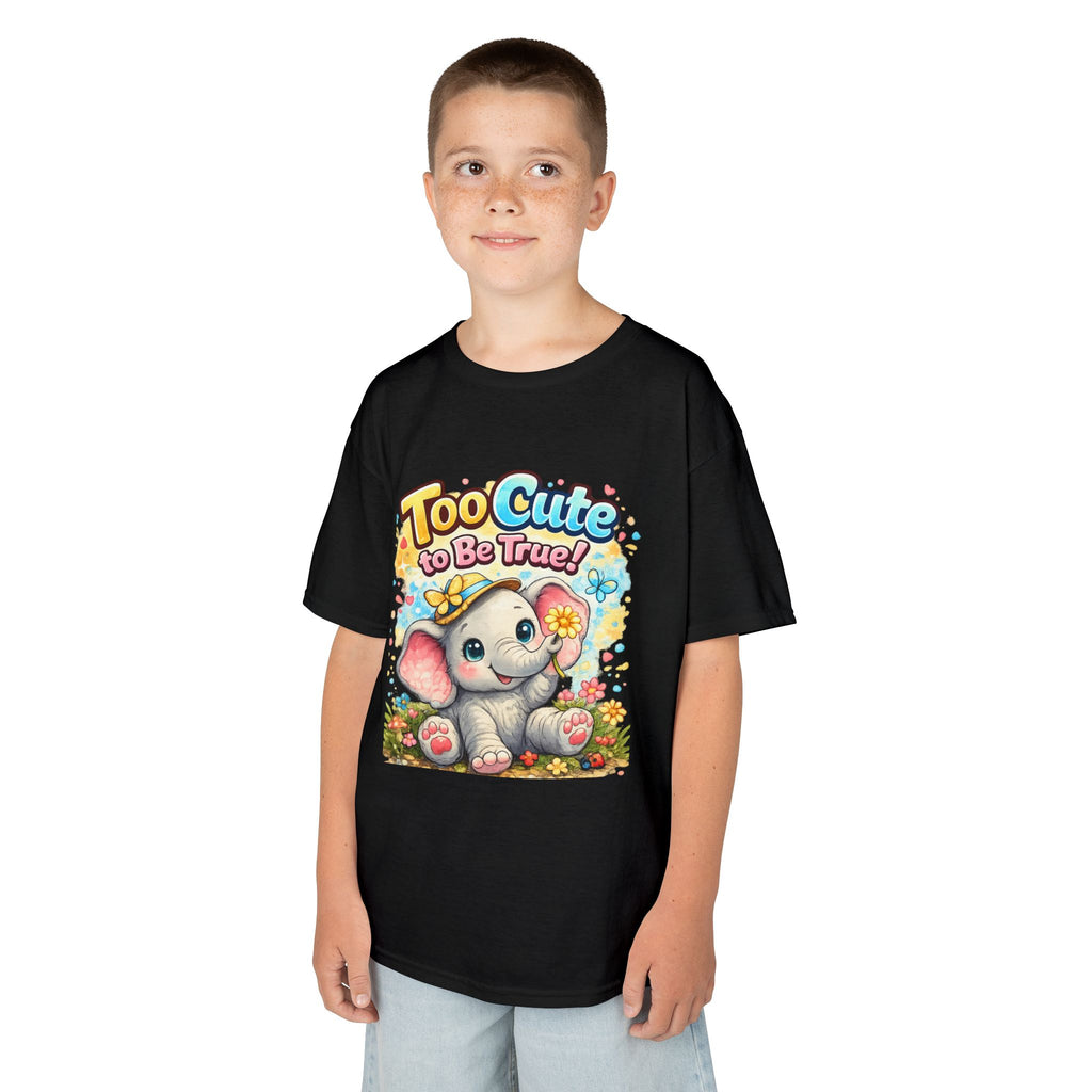 Kids Tee — "Too Cute to Be True" Elephant Graphic
