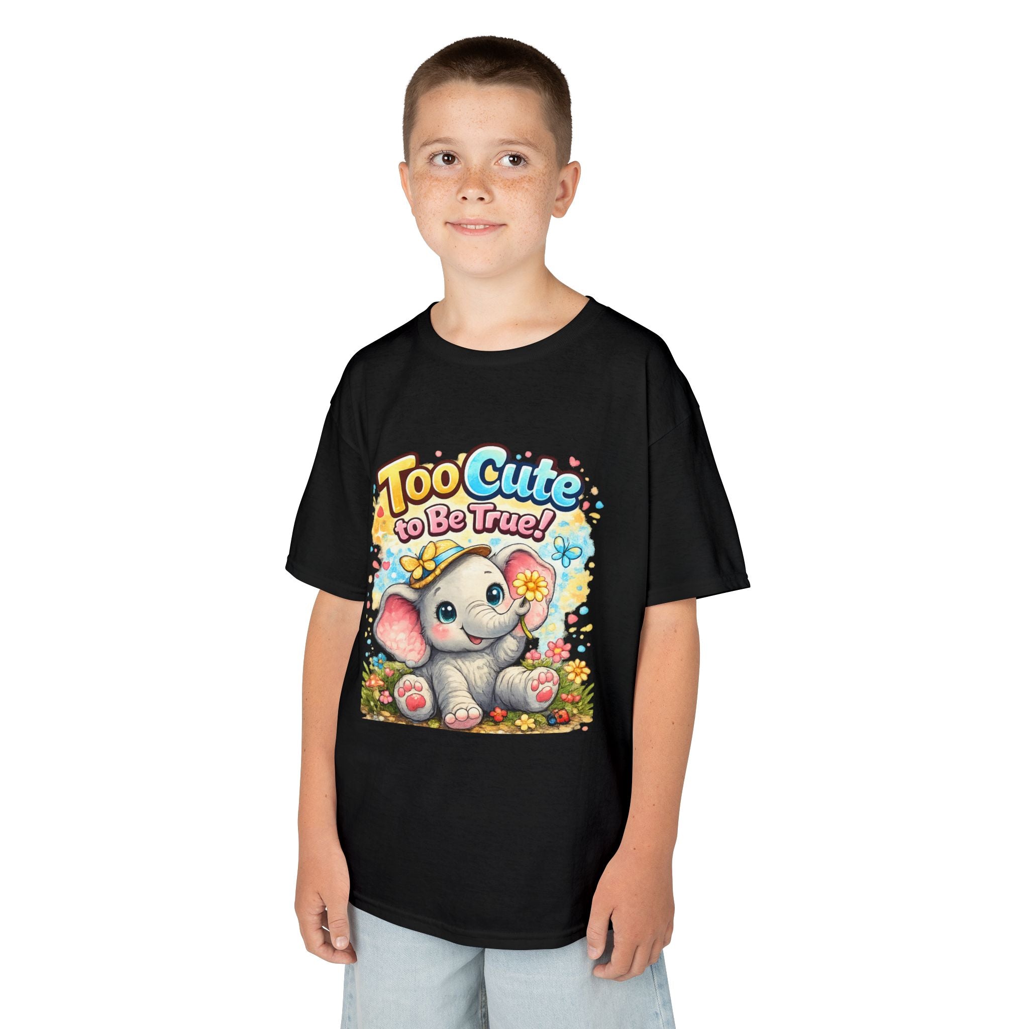 Kids Tee — "Too Cute to Be True" Elephant Graphic