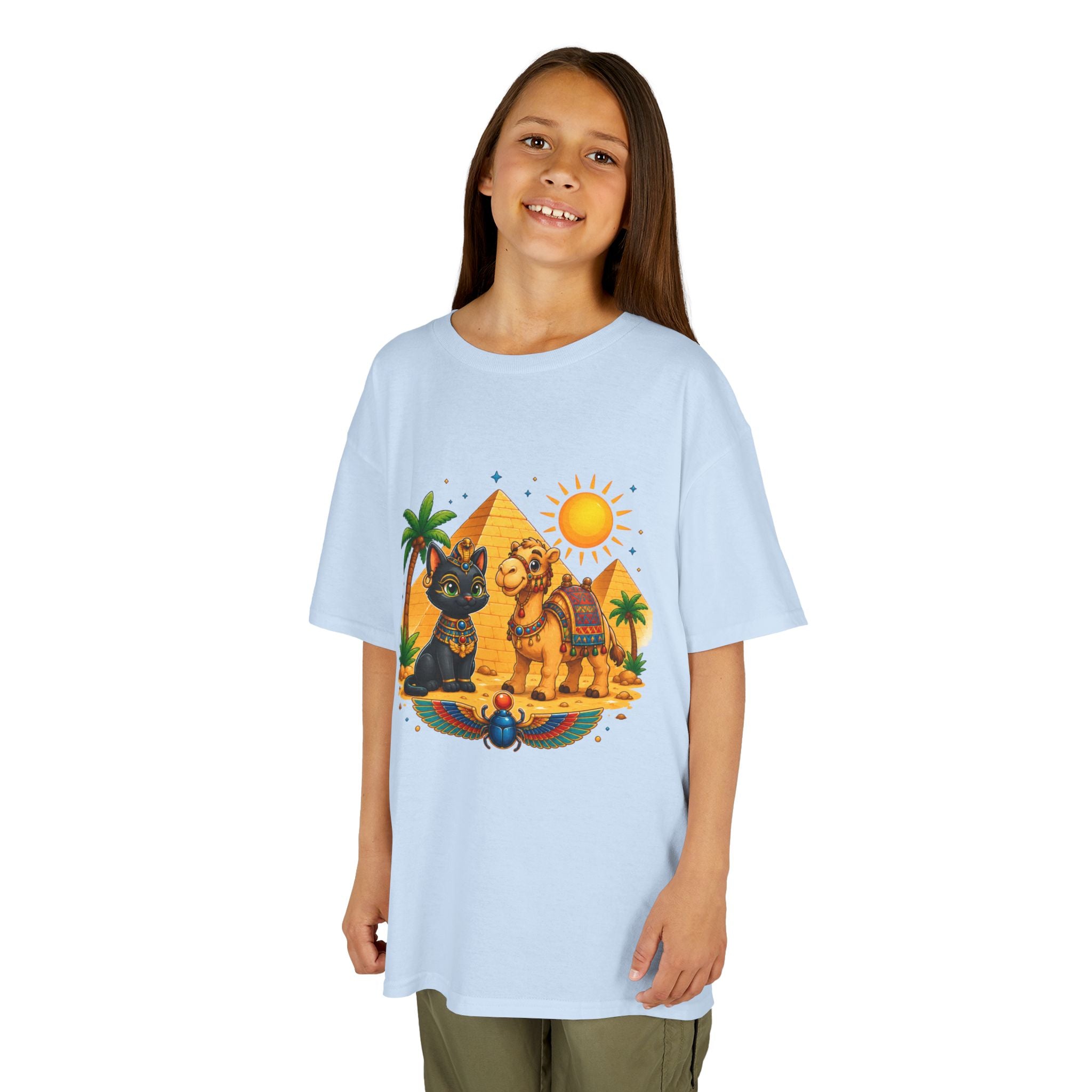 Egyptian Cats and Camel Kids Tee | Pyramid Desert Sun Illustration