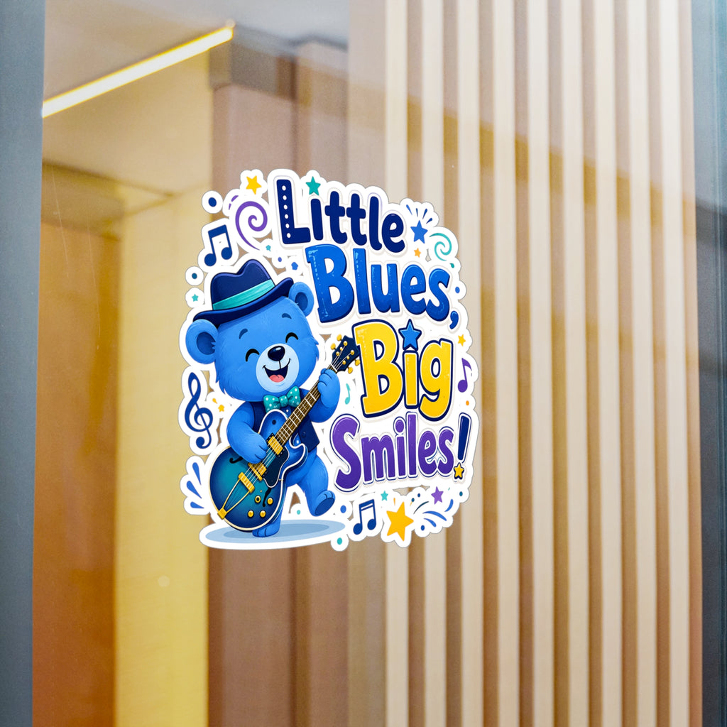 Little Blues Big Smiles Sticker — Cute Guitar Bear Kiss-Cut Vinyl Decal