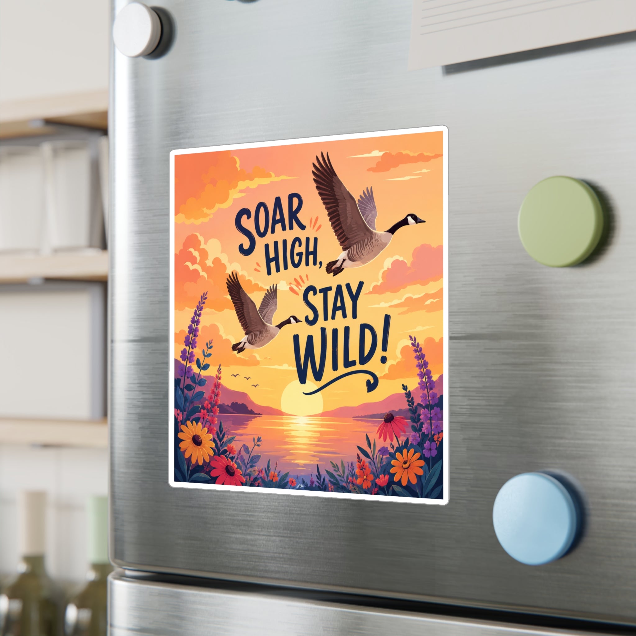 Soar High Stay Wild Vinyl Sticker — Goose Sunset Kiss-Cut Decal