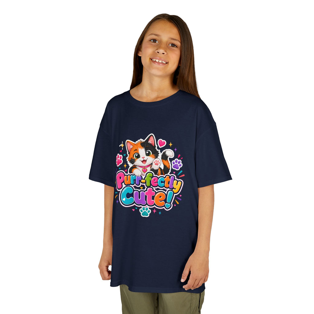Kids Tee — “Purr-fectly Cute!” Colorful Calico Cat Graphic