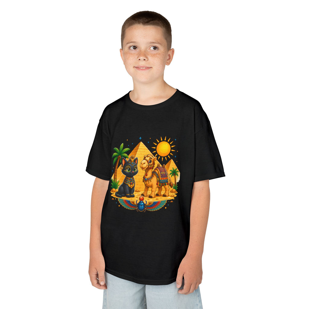 Egyptian Cats and Camel Kids Tee | Pyramid Desert Sun Illustration