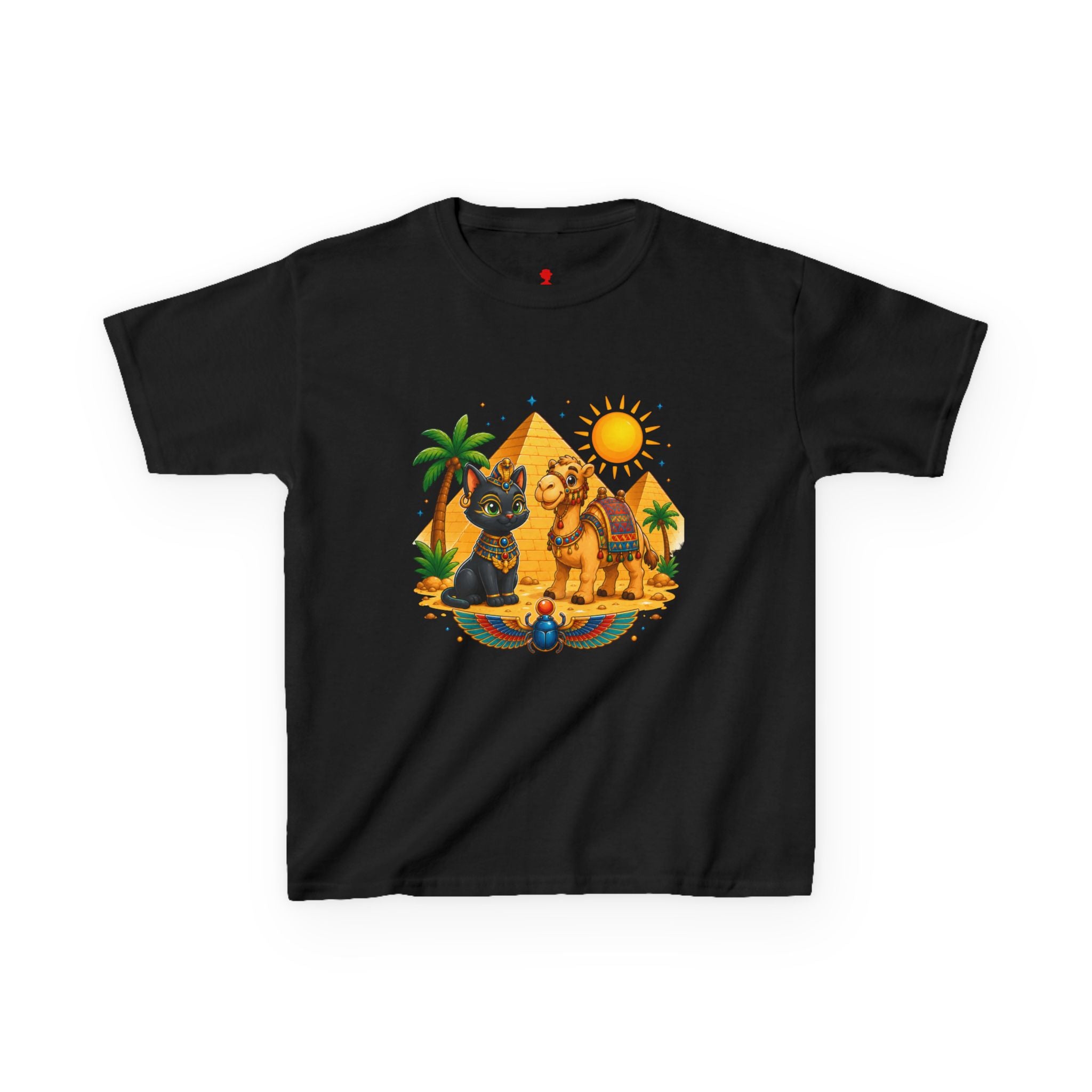 Egyptian Cats and Camel Kids Tee | Pyramid Desert Sun Illustration