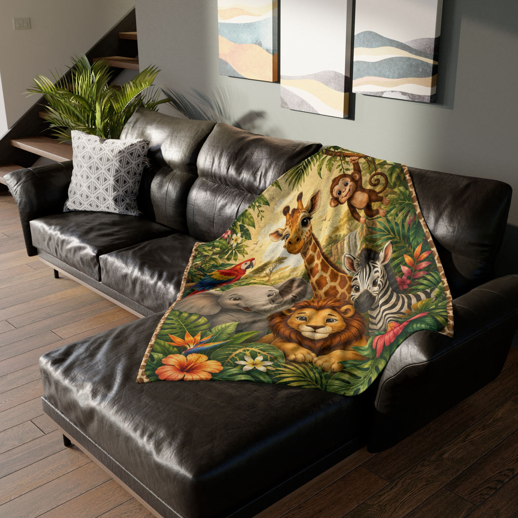 Safari Animal Friends Blanket | Jungle Lion Giraffe Elephant Zebra Monkey Parrot