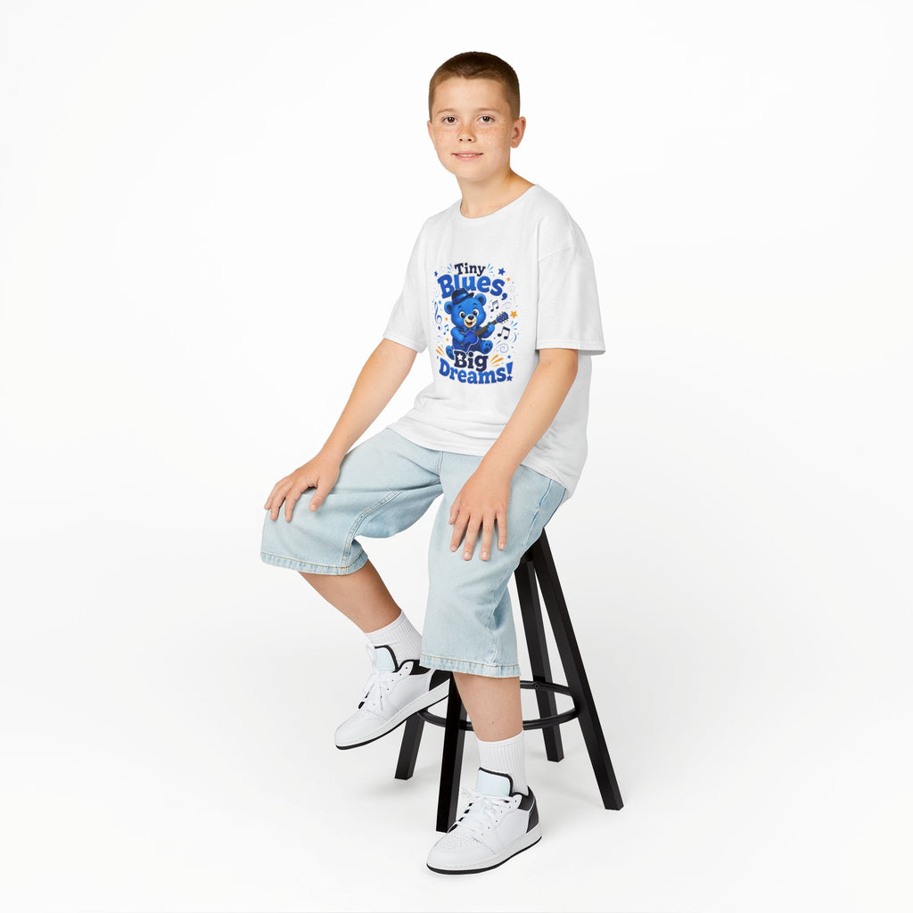 Kids Tee - "Tiny Blues, Big Dreams!" Cute Blue Bear Music Graphic