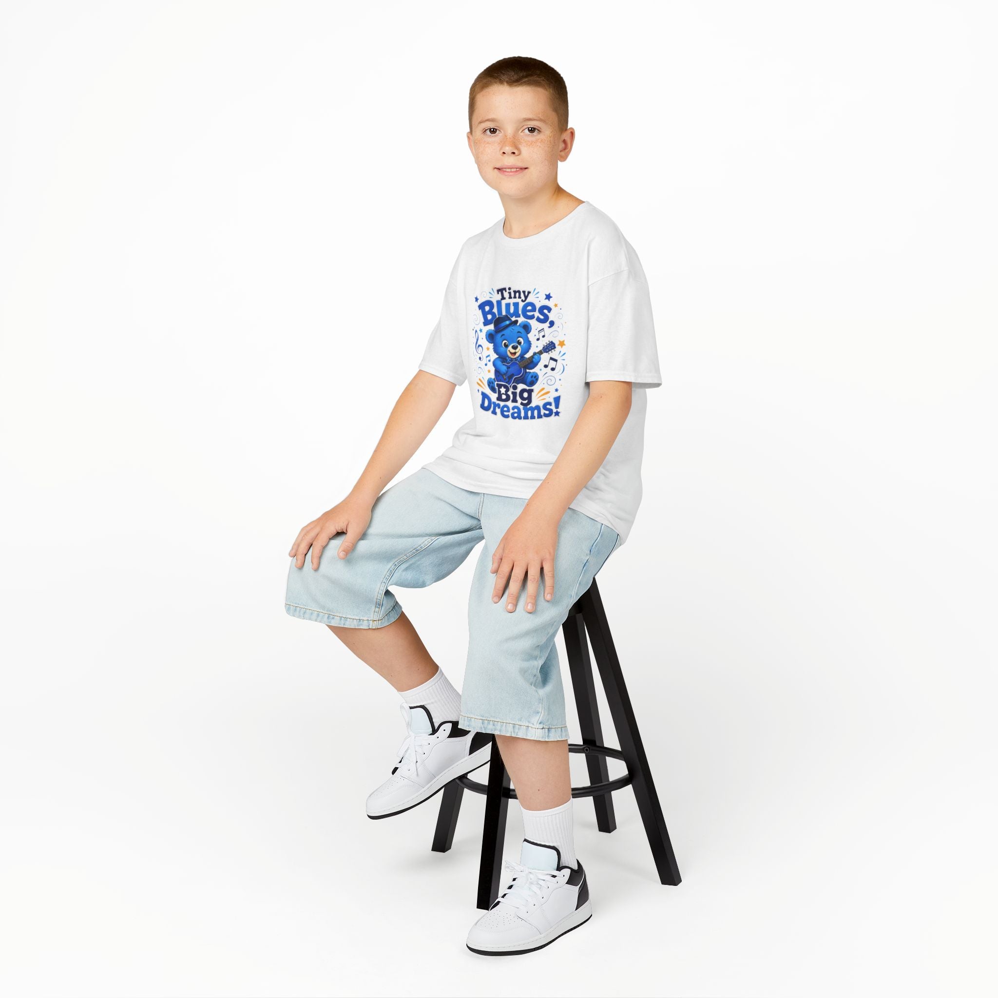 Kids Tee - "Tiny Blues, Big Dreams!" Cute Blue Bear Music Graphic