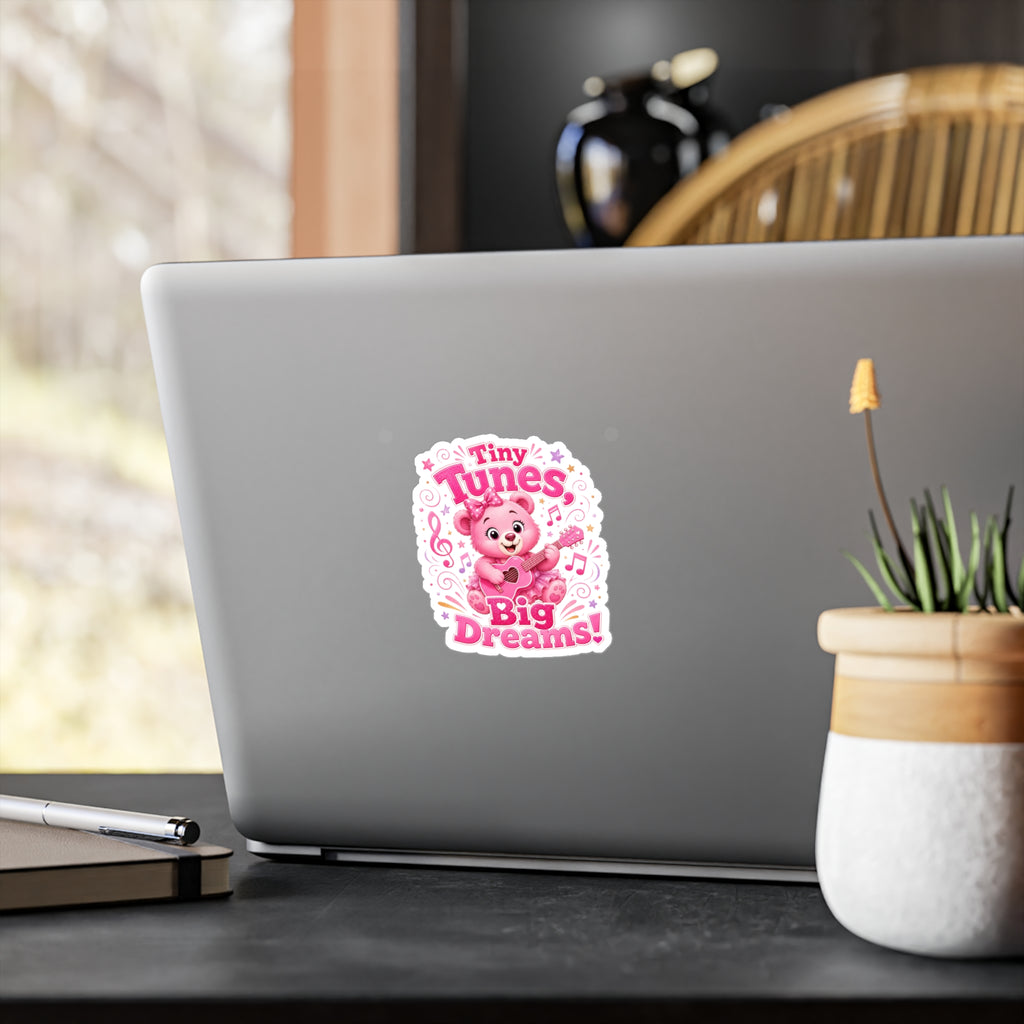 Kiss-Cut Vinyl Decal — Pink Bear "Tiny Tunes, Big Dreams" Sticker