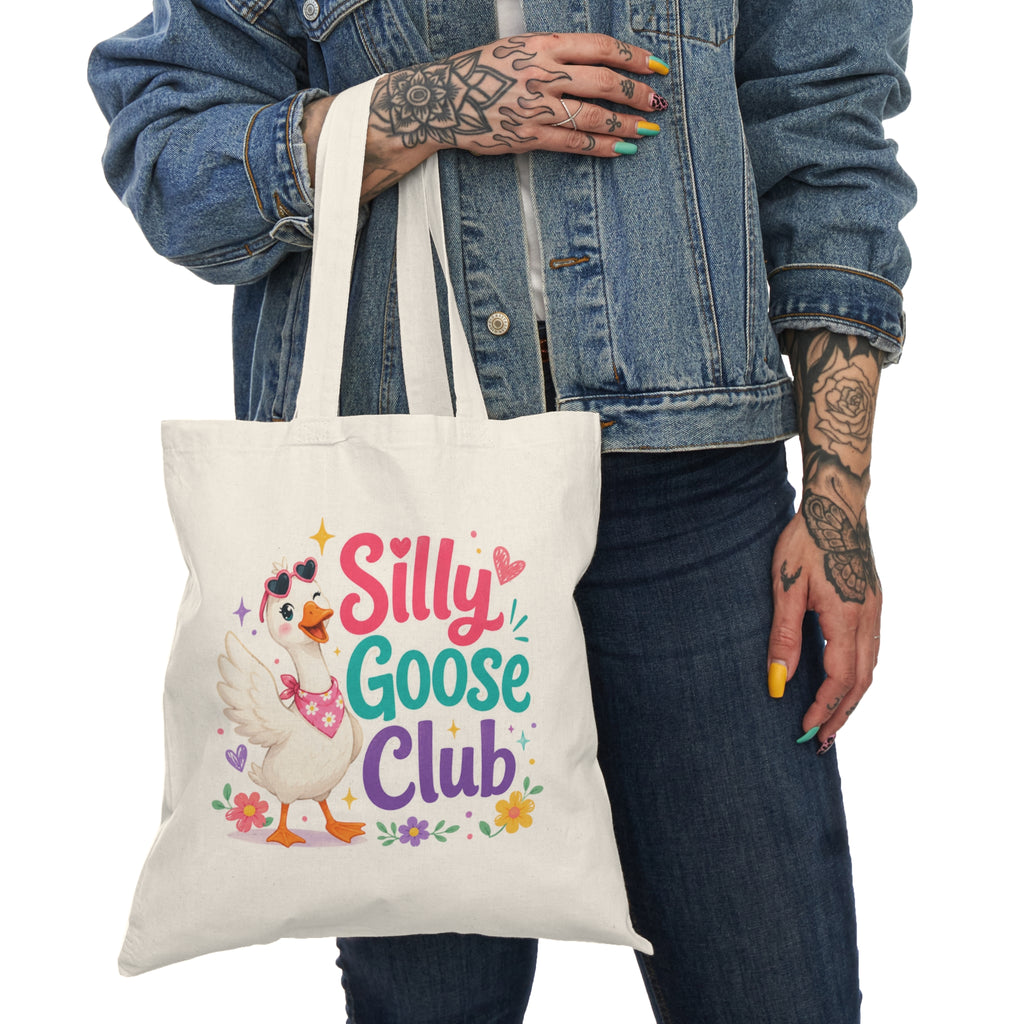 Silly Goose Club Tote Bag — Cute Floral Cartoon Canvas Grocery Tote