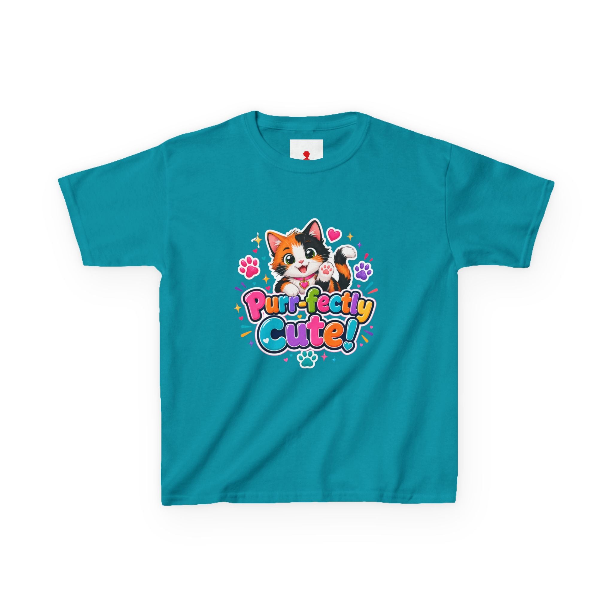 Kids Tee — “Purr-fectly Cute!” Colorful Calico Cat Graphic