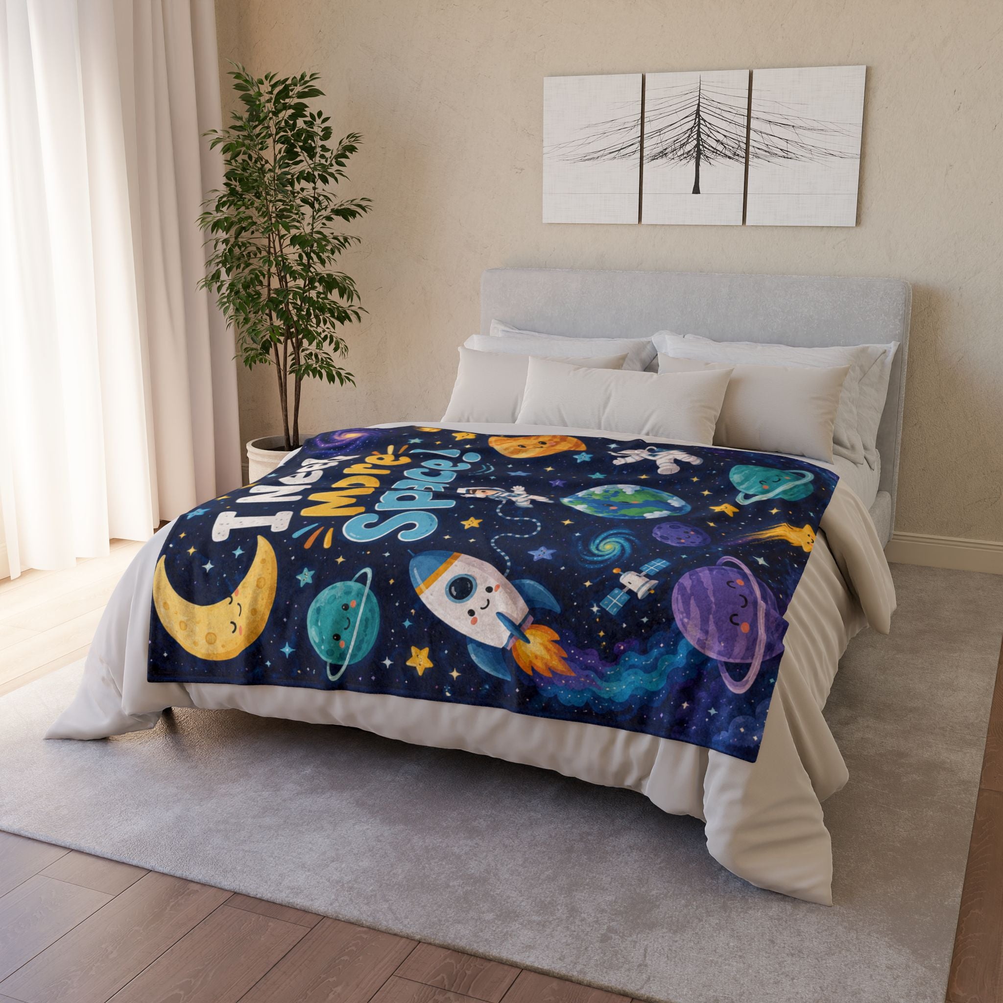Space-Themed Throw Blanket - "I Need More Space!" Kids Astronaut Cozy Blanket