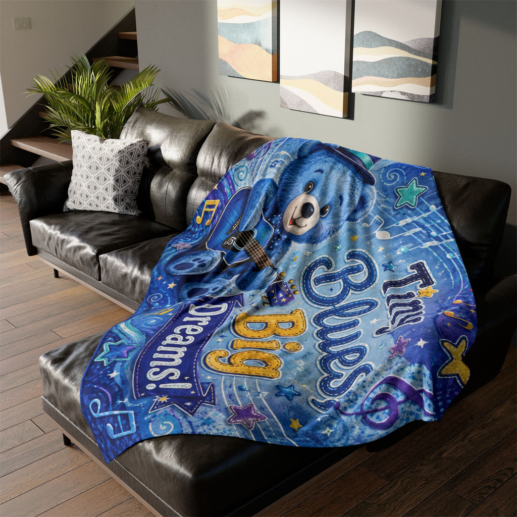 Tiny Blues Big Dreams Baby Blanket — Blue Teddy Guitar Nursery Throw