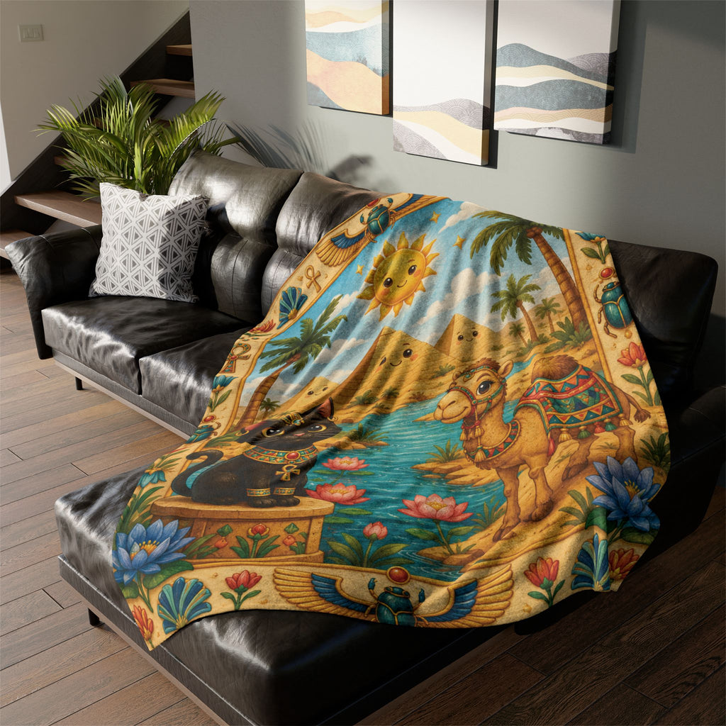Egyptian Cat and Camel Blanket | Pyramid Sun Retro Egyptian Illustration