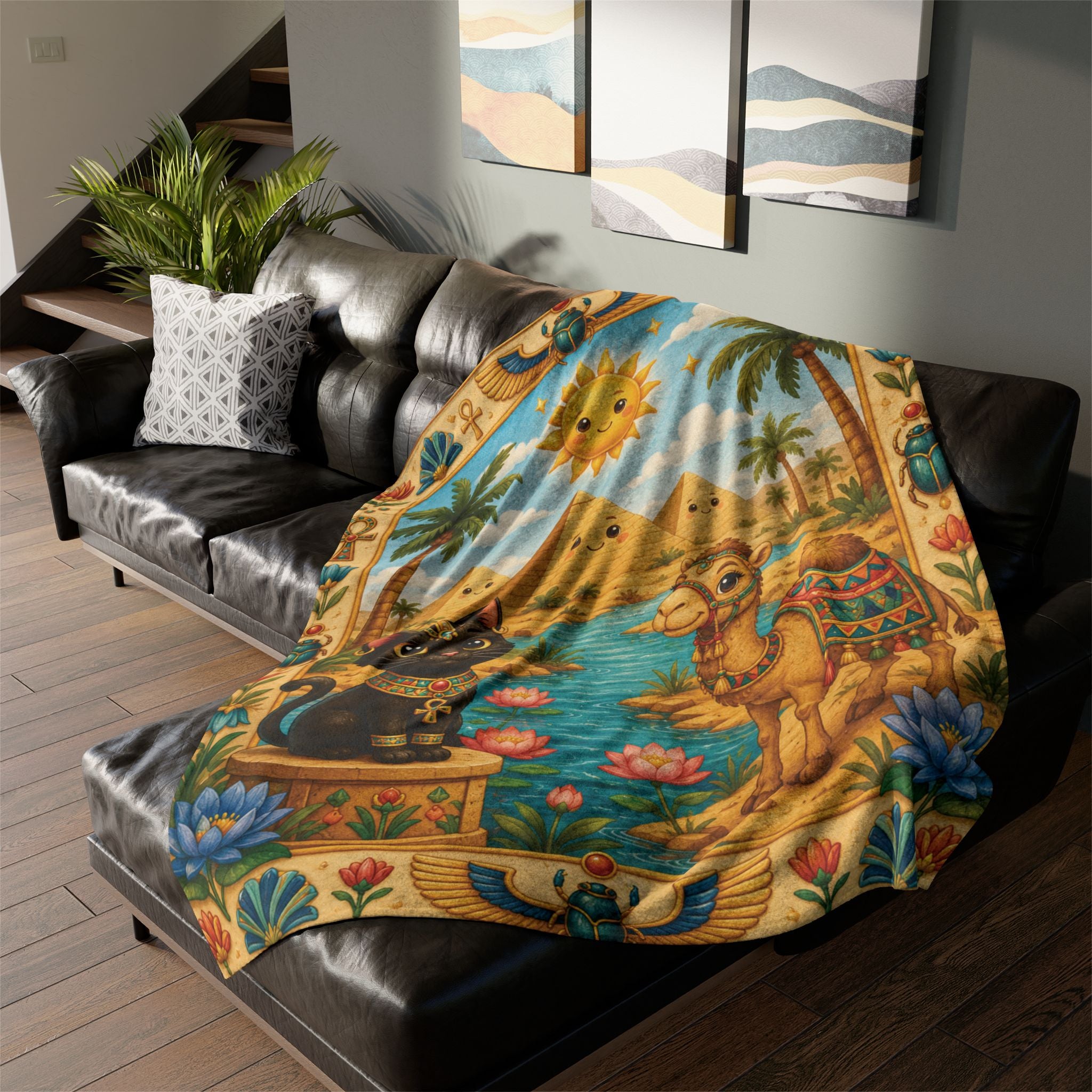 Egyptian Cat and Camel Blanket | Pyramid Sun Retro Egyptian Illustration