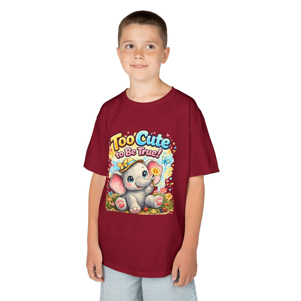 Kids Tee — "Too Cute to Be True" Elephant Graphic