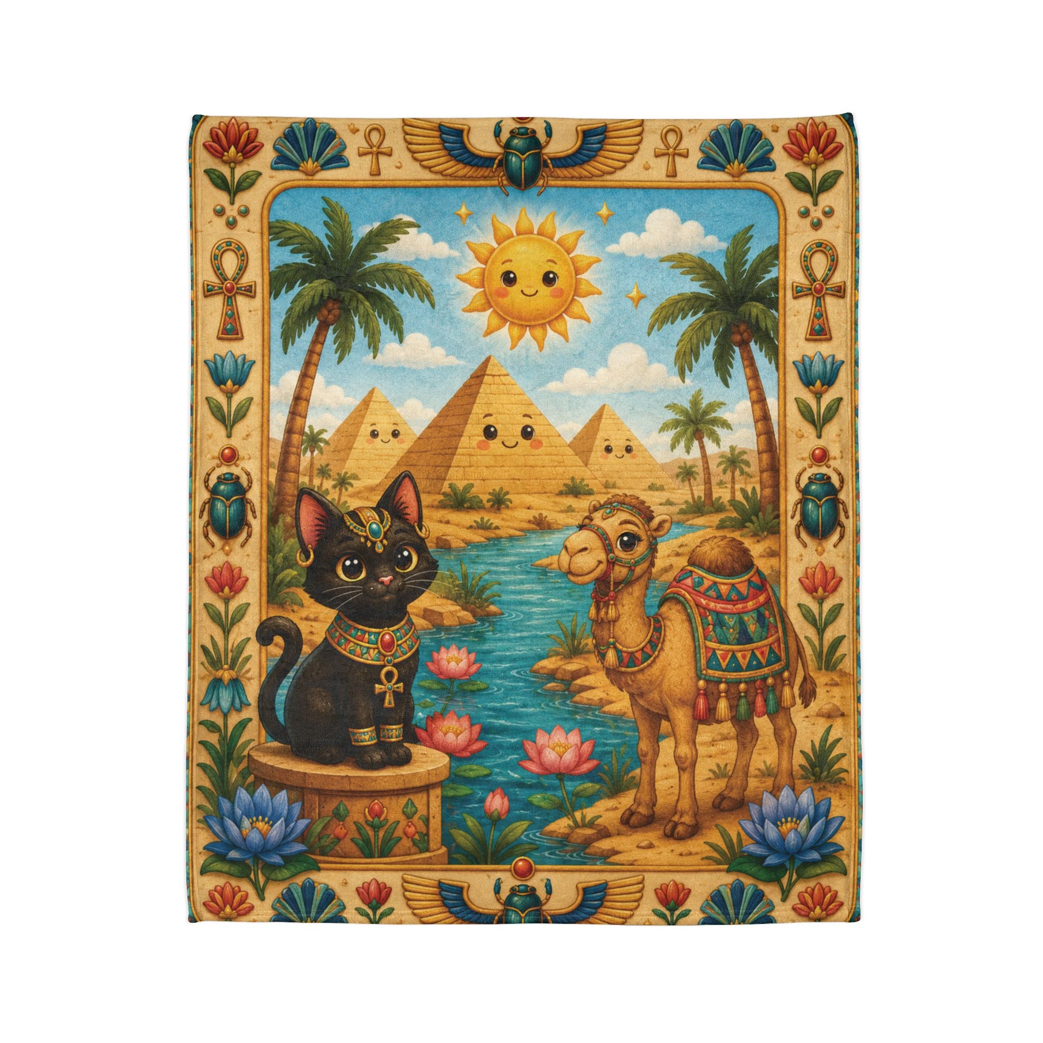 Egyptian Cat and Camel Blanket | Pyramid Sun Retro Egyptian Illustration