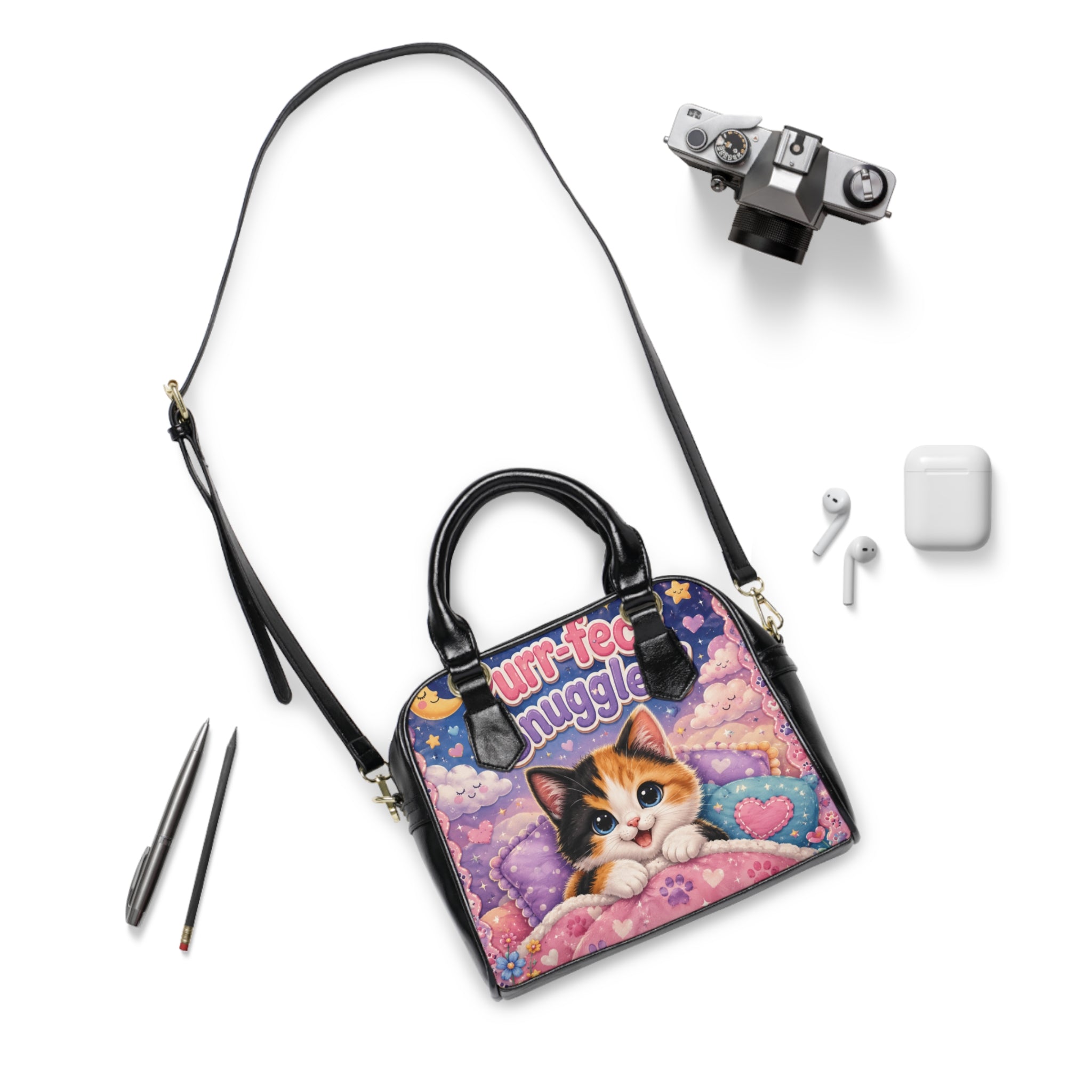 Cat Cuddles Shoulder Handbag — "Purr-fect Snuggles" Cute Calico Kitten Purse