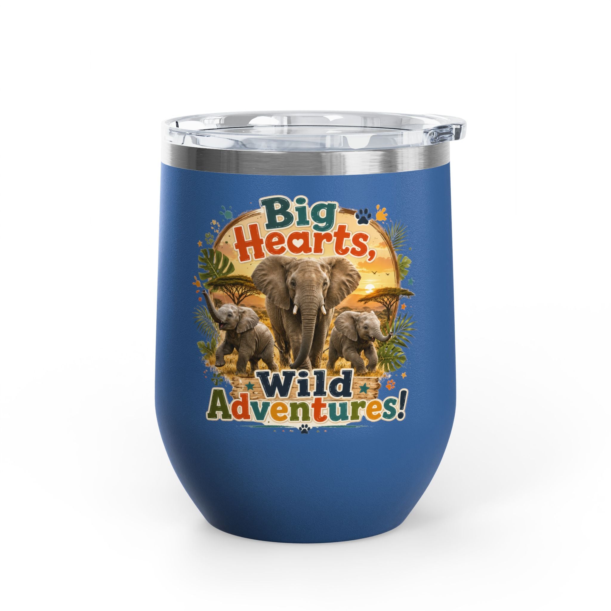12oz Tumbler — "Big Hearts, Wild Adventures!" Elephant Safari Travel Cup