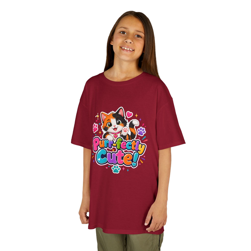Kids Tee — “Purr-fectly Cute!” Colorful Calico Cat Graphic