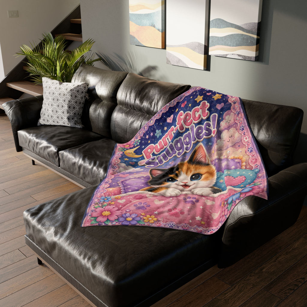 Purr-fect Snuggles Blanket — Cute Calico Kitten Plush Throw for Kids & Cat Lovers