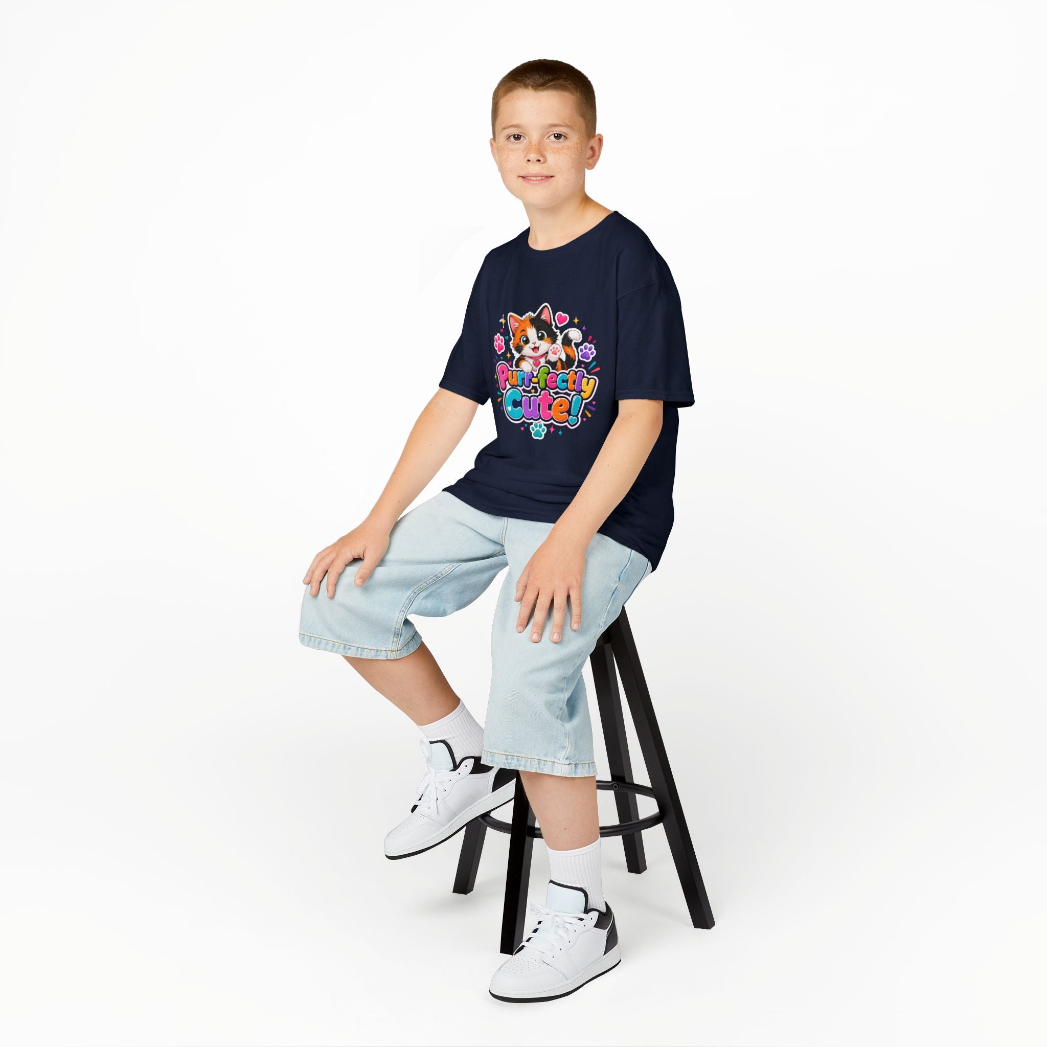 Kids Tee — “Purr-fectly Cute!” Colorful Calico Cat Graphic
