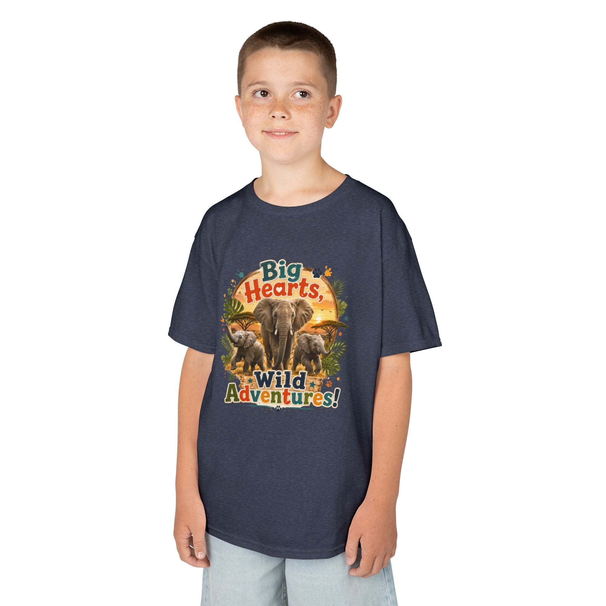Kids T-Shirt — “Big Hearts, Wild Adventures!” Elephant Safari Shirt for Kids, Cute Animal Adventure Tee