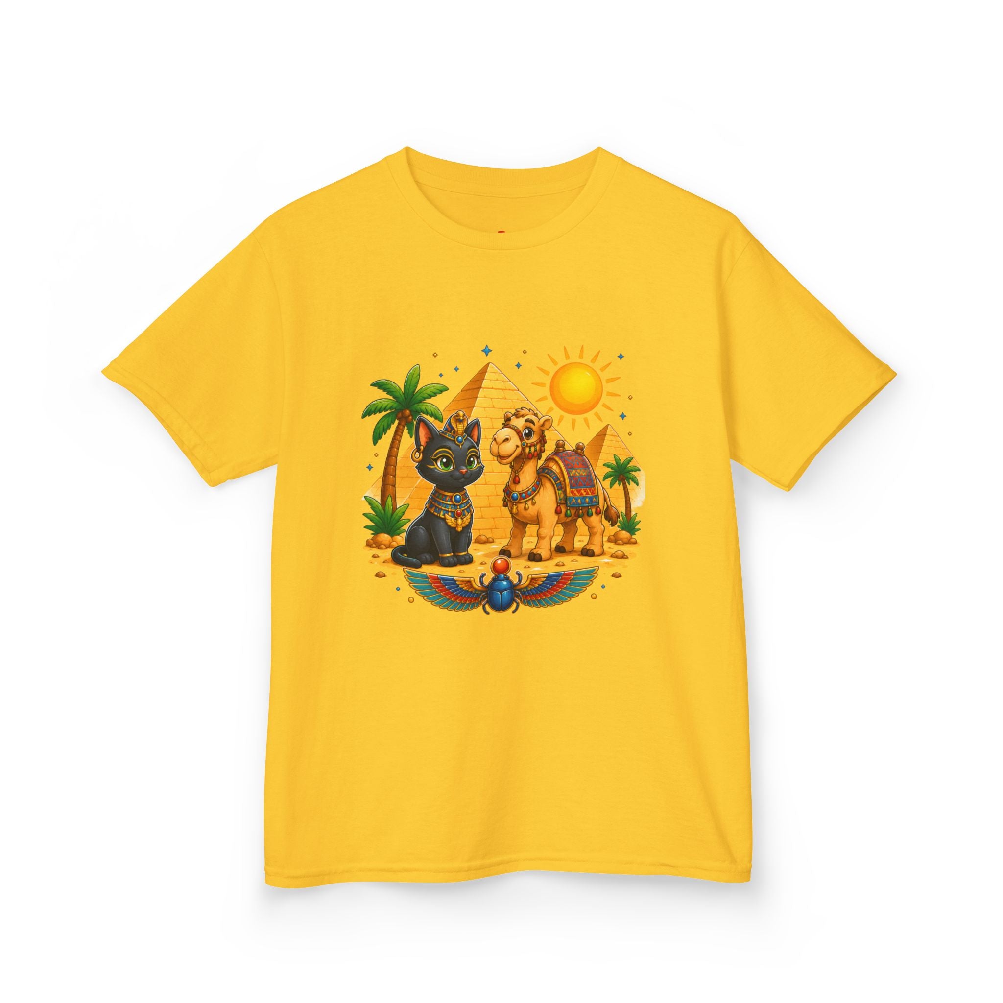 Egyptian Cats and Camel Kids Tee | Pyramid Desert Sun Illustration