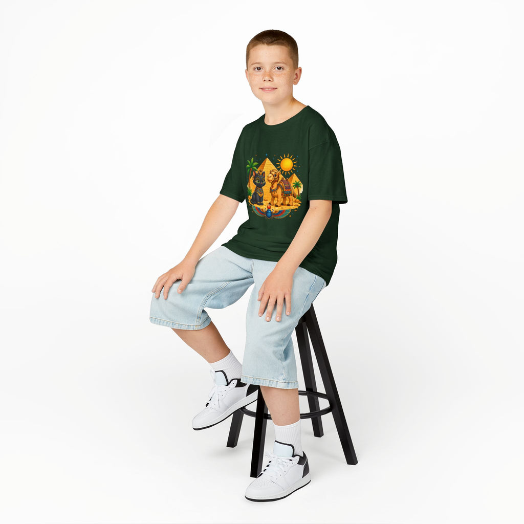 Egyptian Cats and Camel Kids Tee | Pyramid Desert Sun Illustration