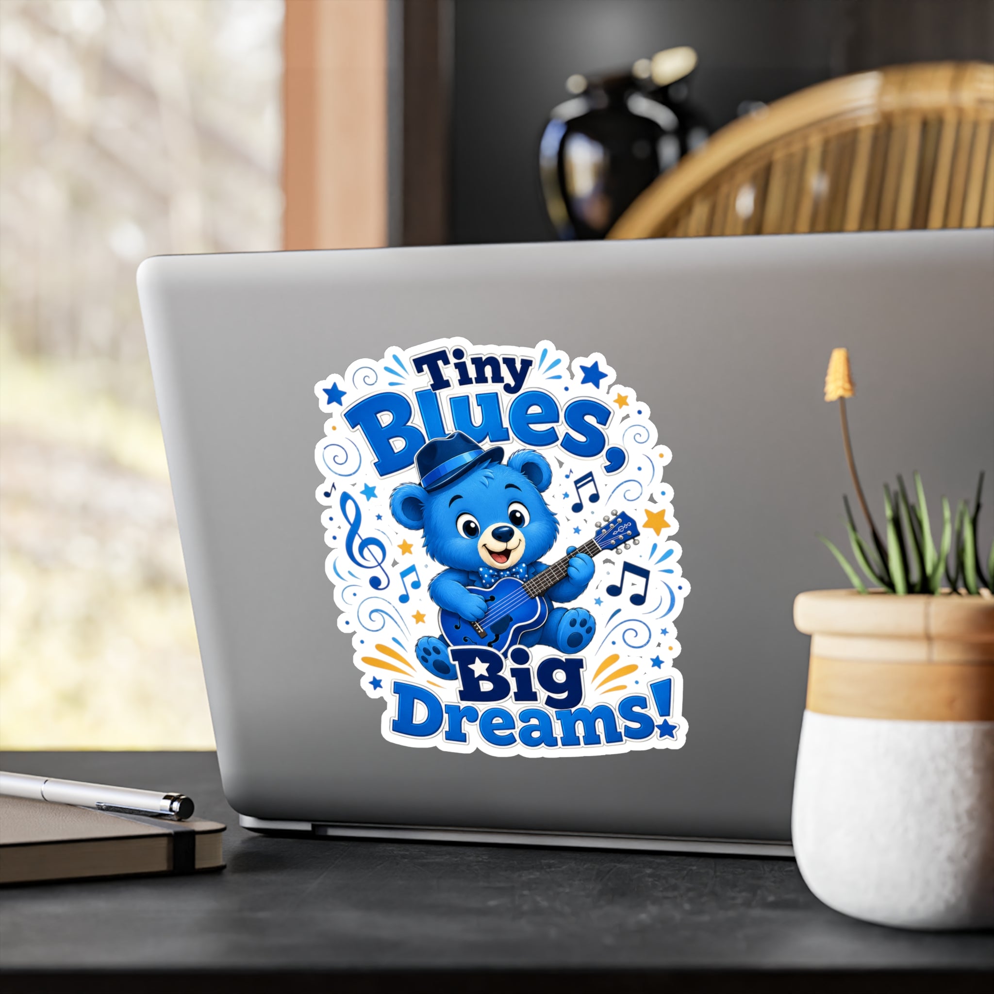 Tiny Blues Big Dreams Sticker — Cute Blue Bear Guitar Kiss-Cut Vinyl Decal