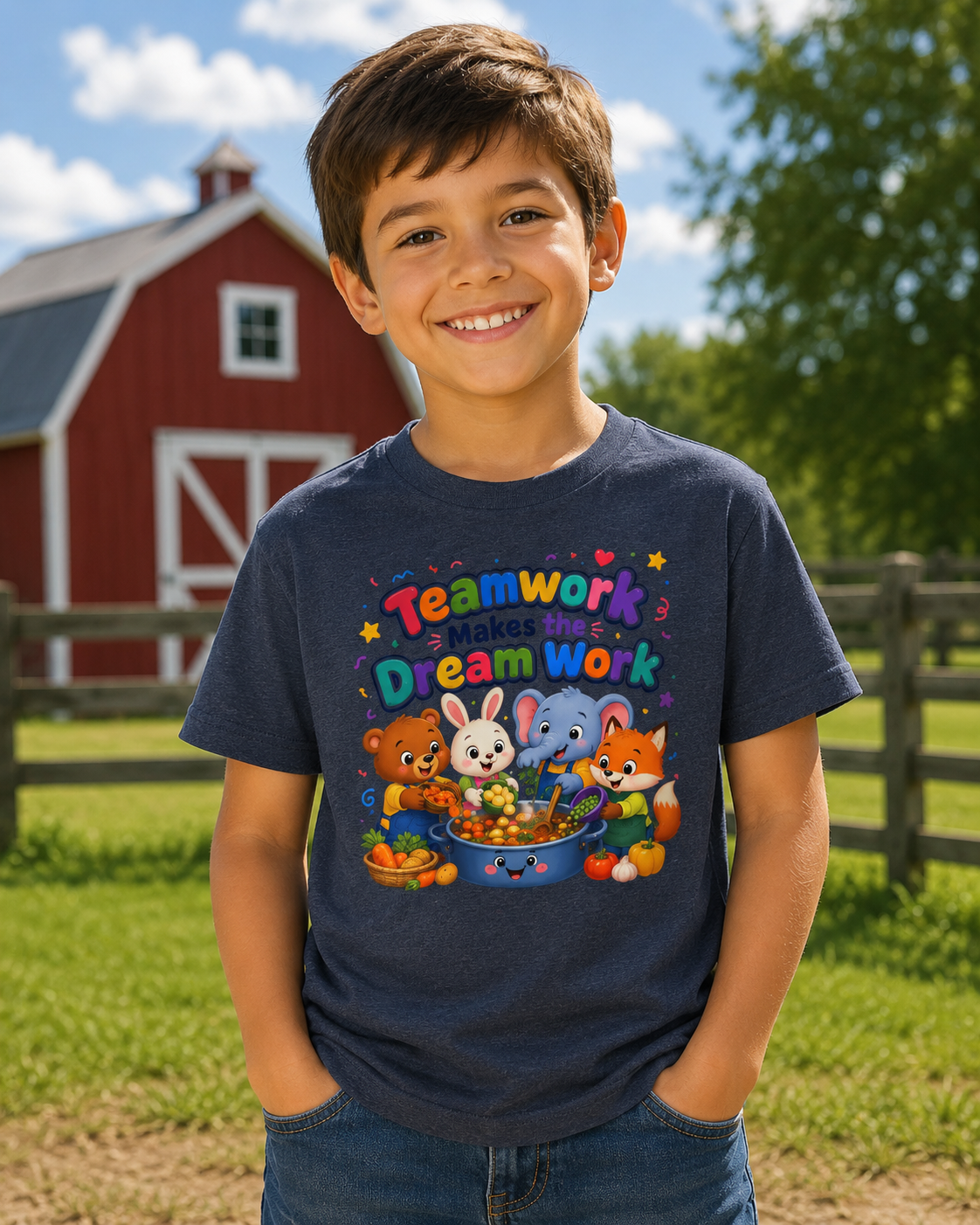 Kids Tee — “Teamwork Makes the Dream Work” Cute Animal Classroom Shirt