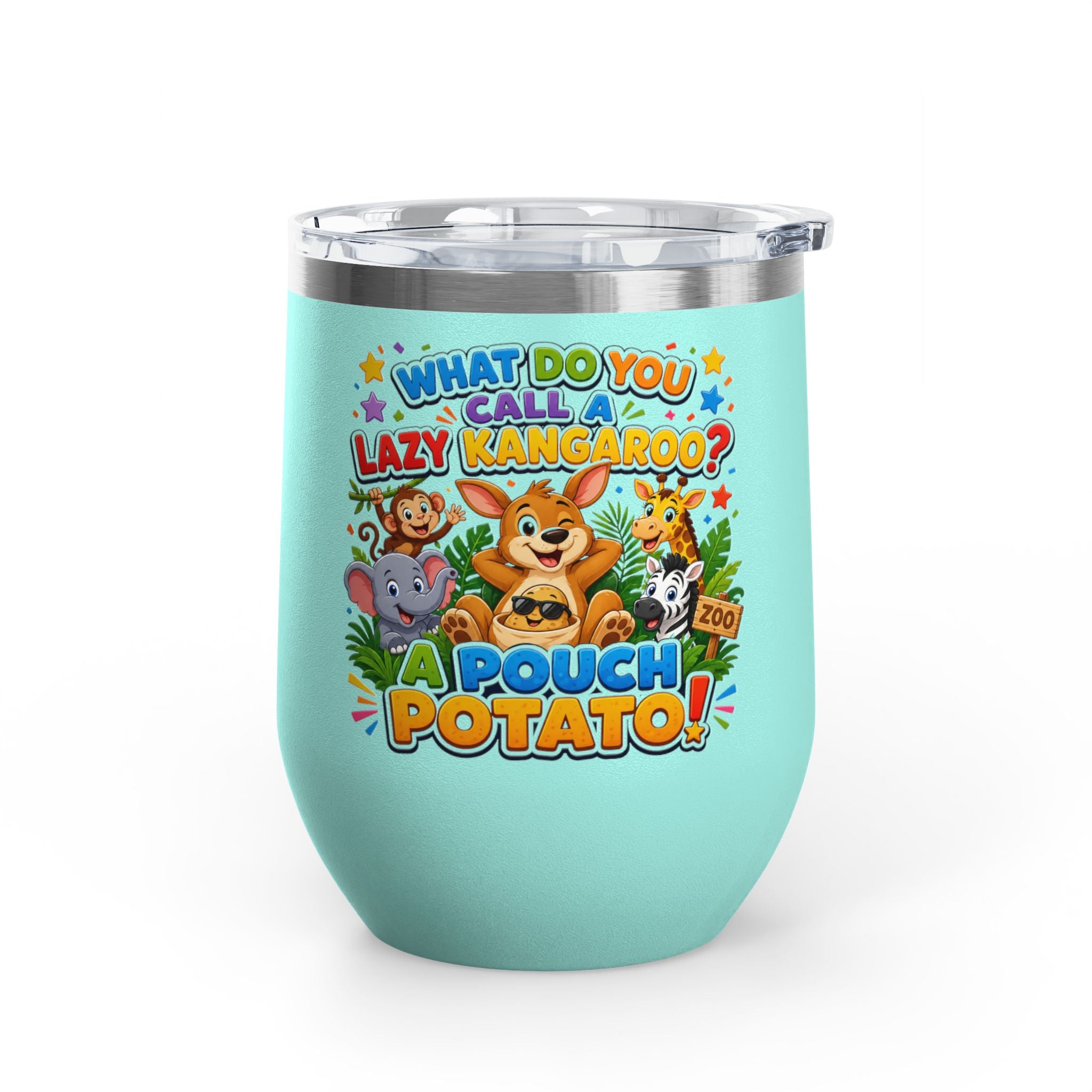 "What Do You Call a Lazy Kangaroo? A Pouch Potato!" Cute Animal Joke 12oz Insulated Tumbler