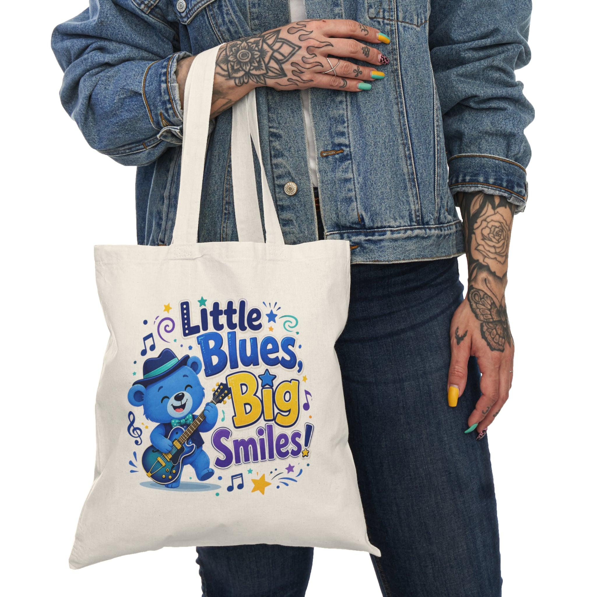 Little Blues, Big Smiles Tote Bag — Cute Blue Bear Guitar Eco Cotton Tote