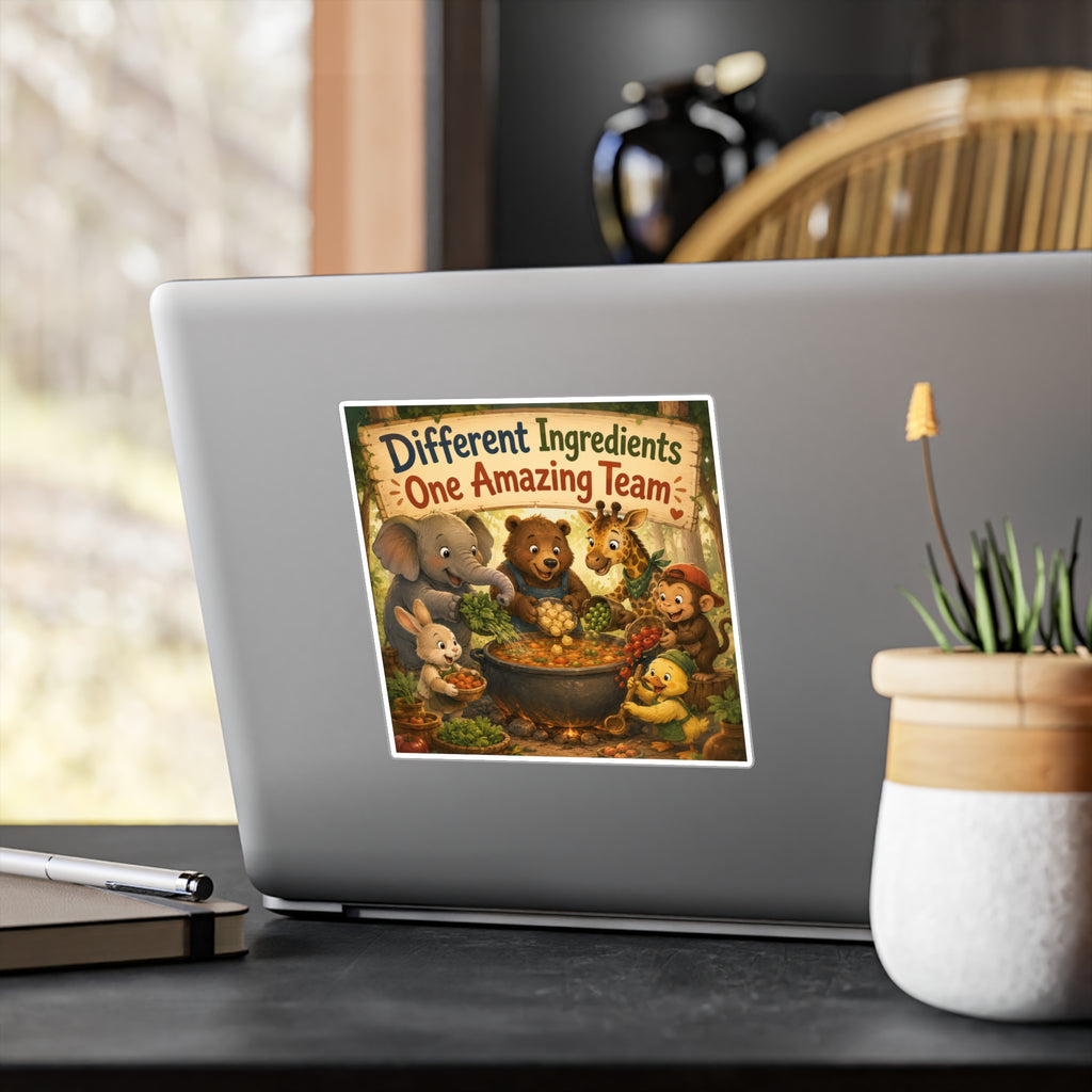 Kiss-Cut Vinyl Sticker — "Different Ingredients One Amazing Team" Cute Woodland Animals Teamwork Decal