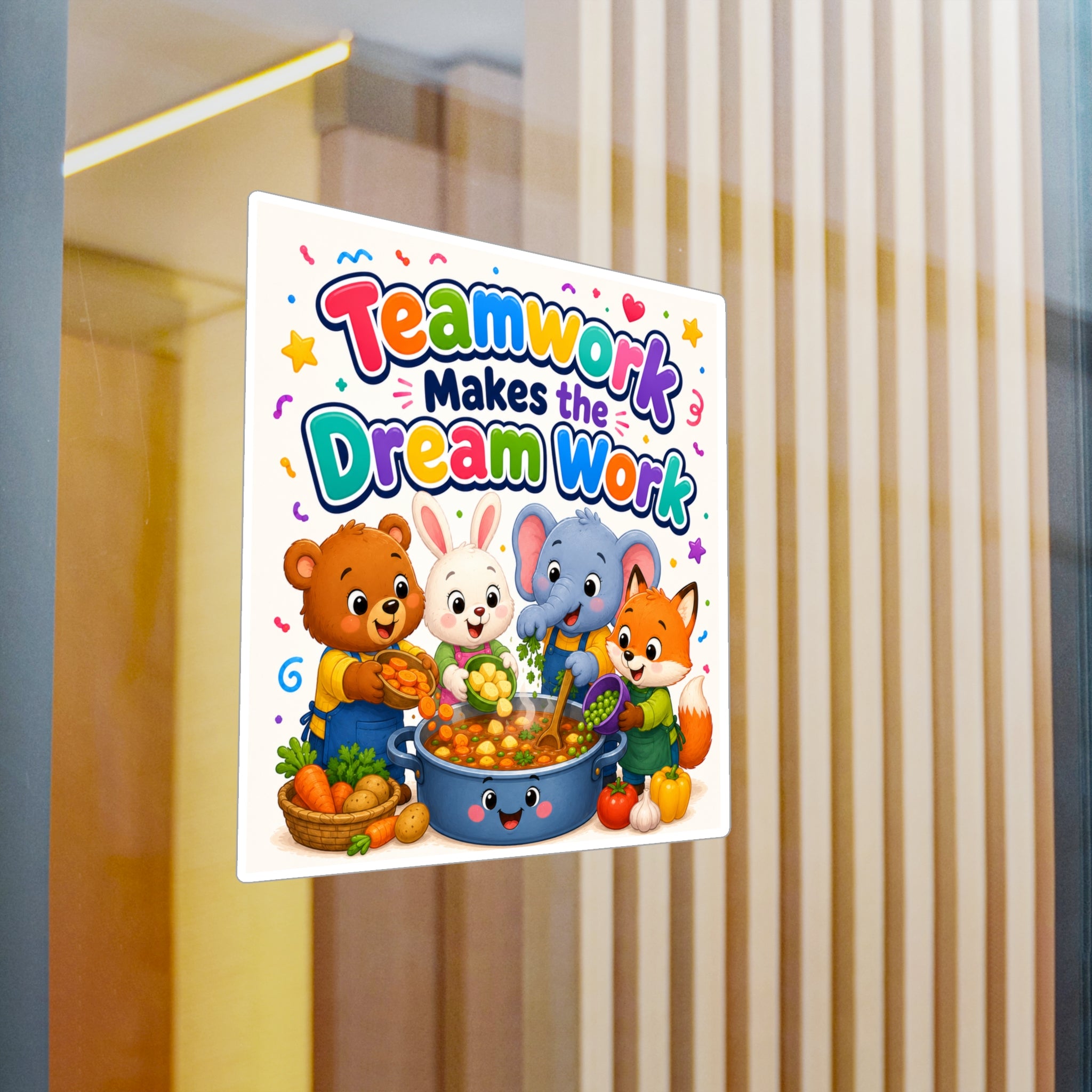 Kiss-Cut Vinyl Decal — "Teamwork Makes the Dream Work" Cute Animal Classroom Sticker