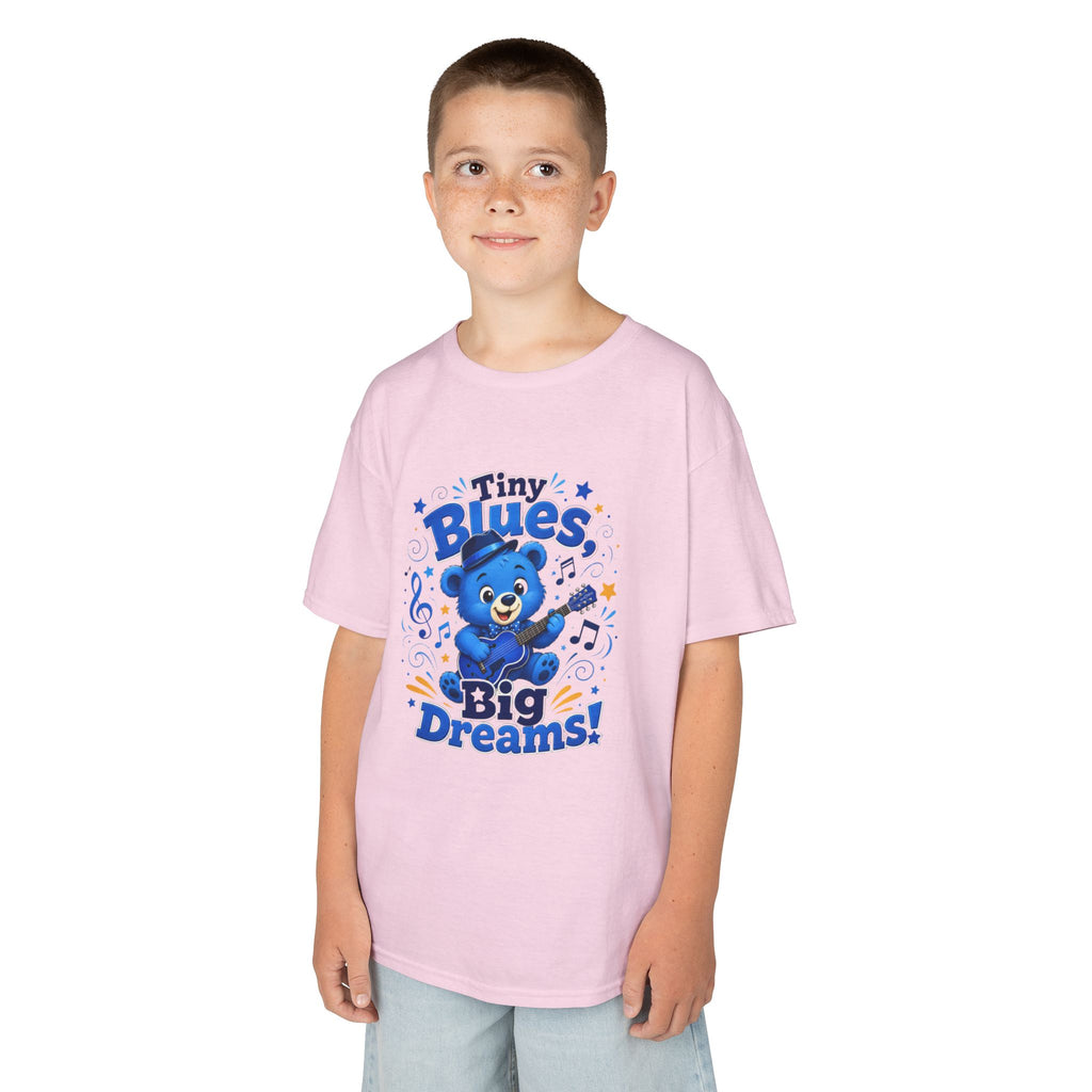 Kids Tee - "Tiny Blues, Big Dreams!" Cute Blue Bear Music Graphic