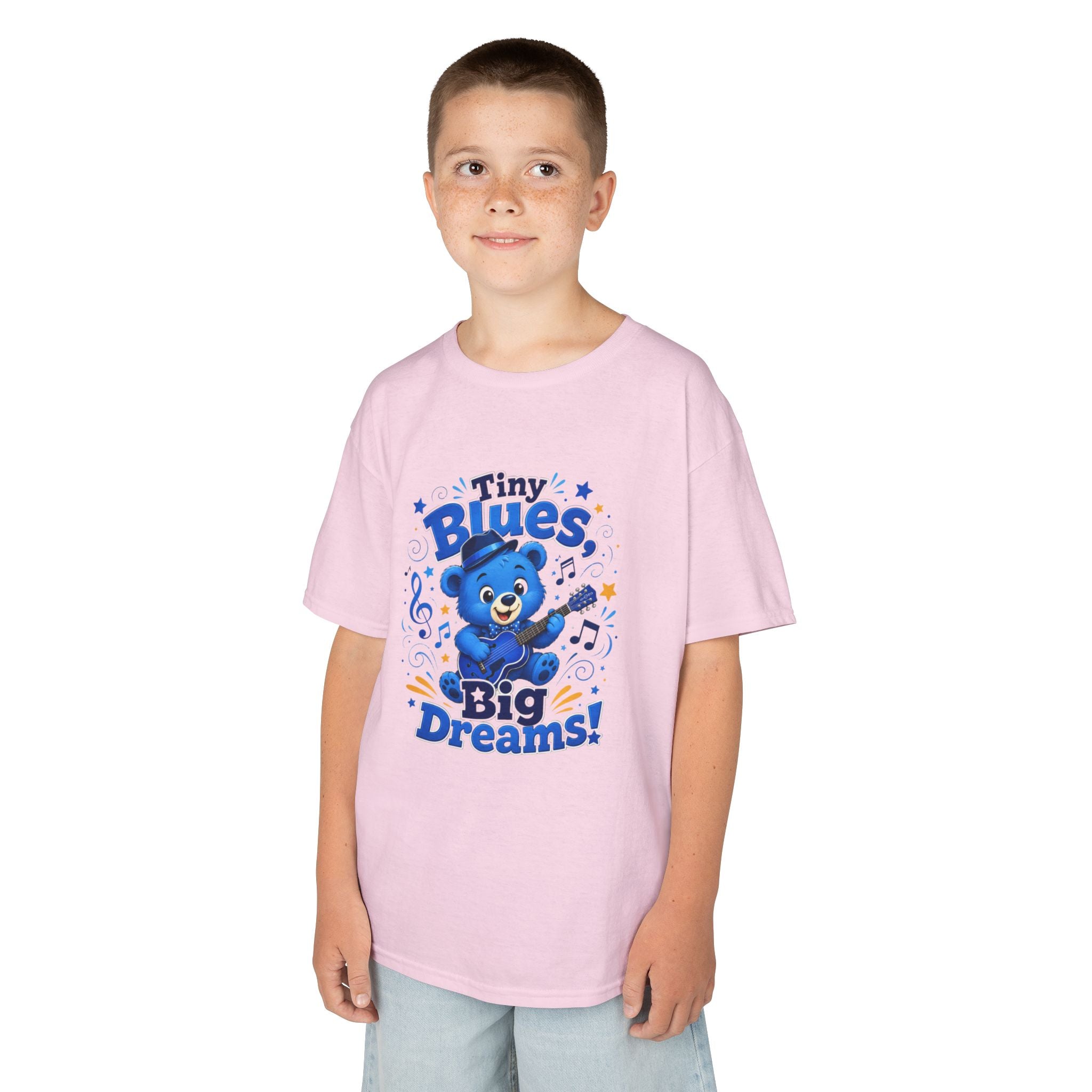 Kids Tee - "Tiny Blues, Big Dreams!" Cute Blue Bear Music Graphic