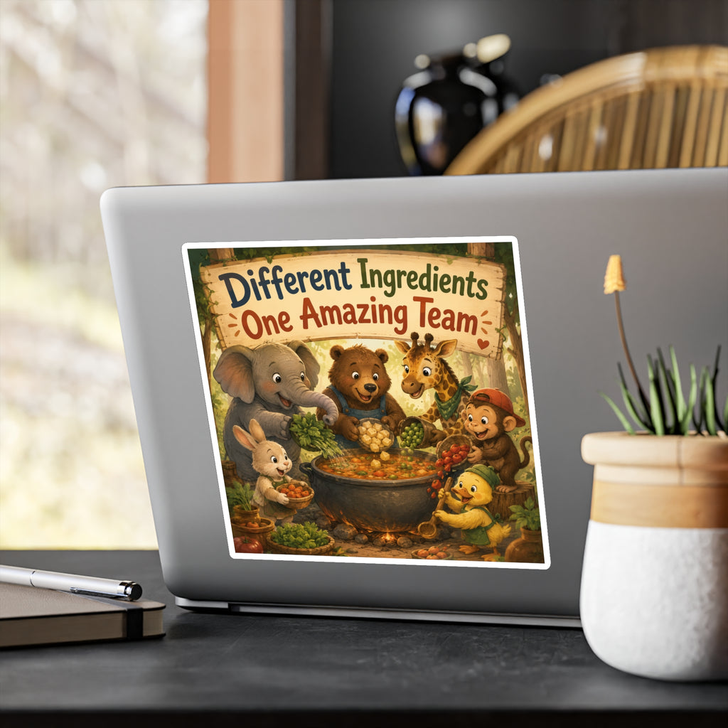 Kiss-Cut Vinyl Sticker — "Different Ingredients One Amazing Team" Cute Woodland Animals Teamwork Decal