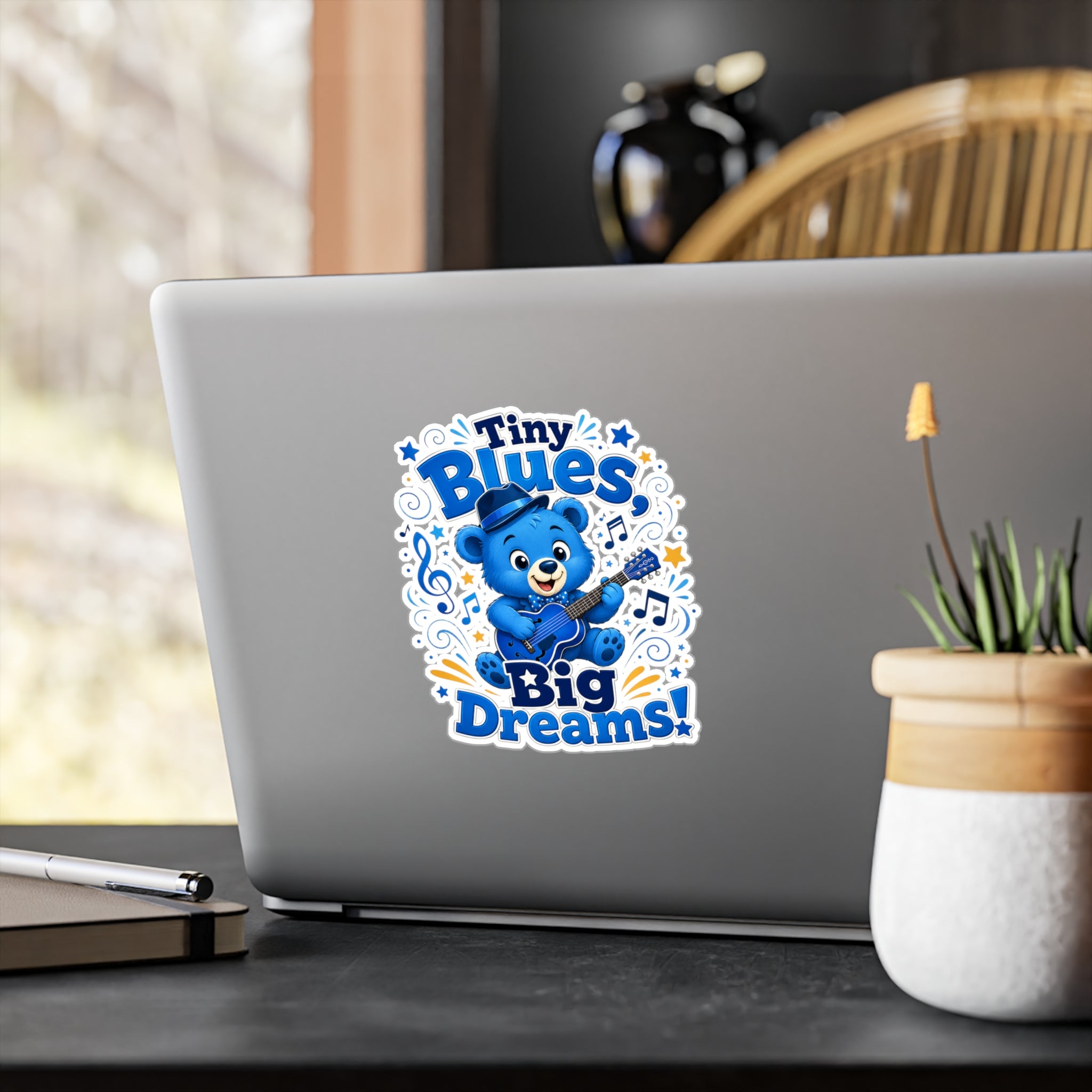Tiny Blues Big Dreams Sticker — Cute Blue Bear Guitar Kiss-Cut Vinyl Decal
