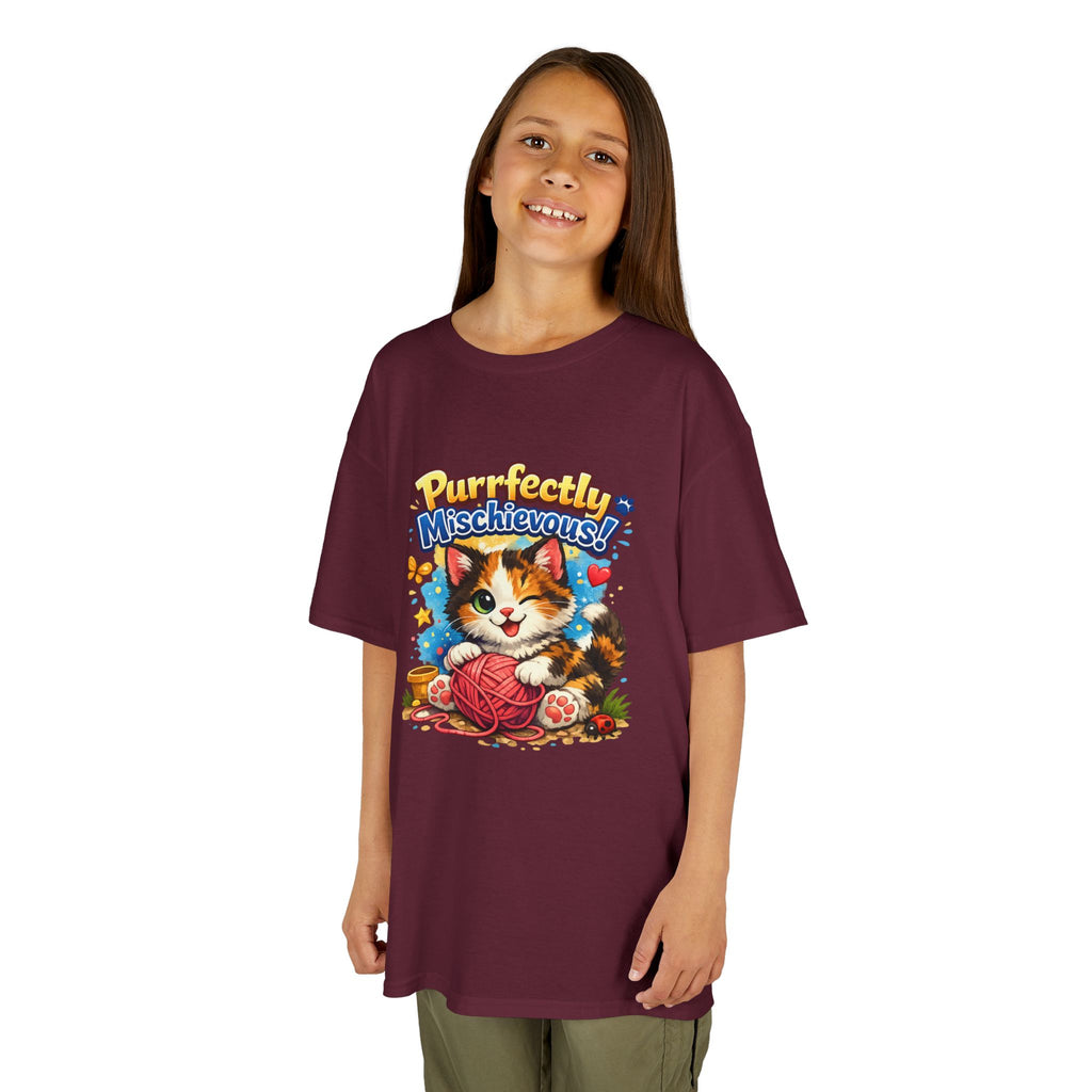 Kids T-Shirt — "Purrfectly Mischievous" Cute Kitten Playing with Yarn