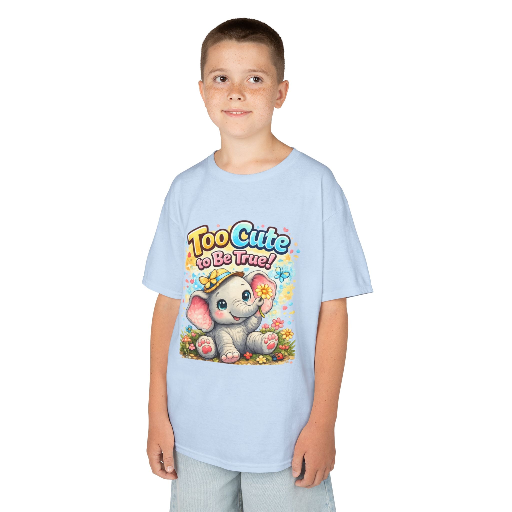 Kids Tee — "Too Cute to Be True" Elephant Graphic