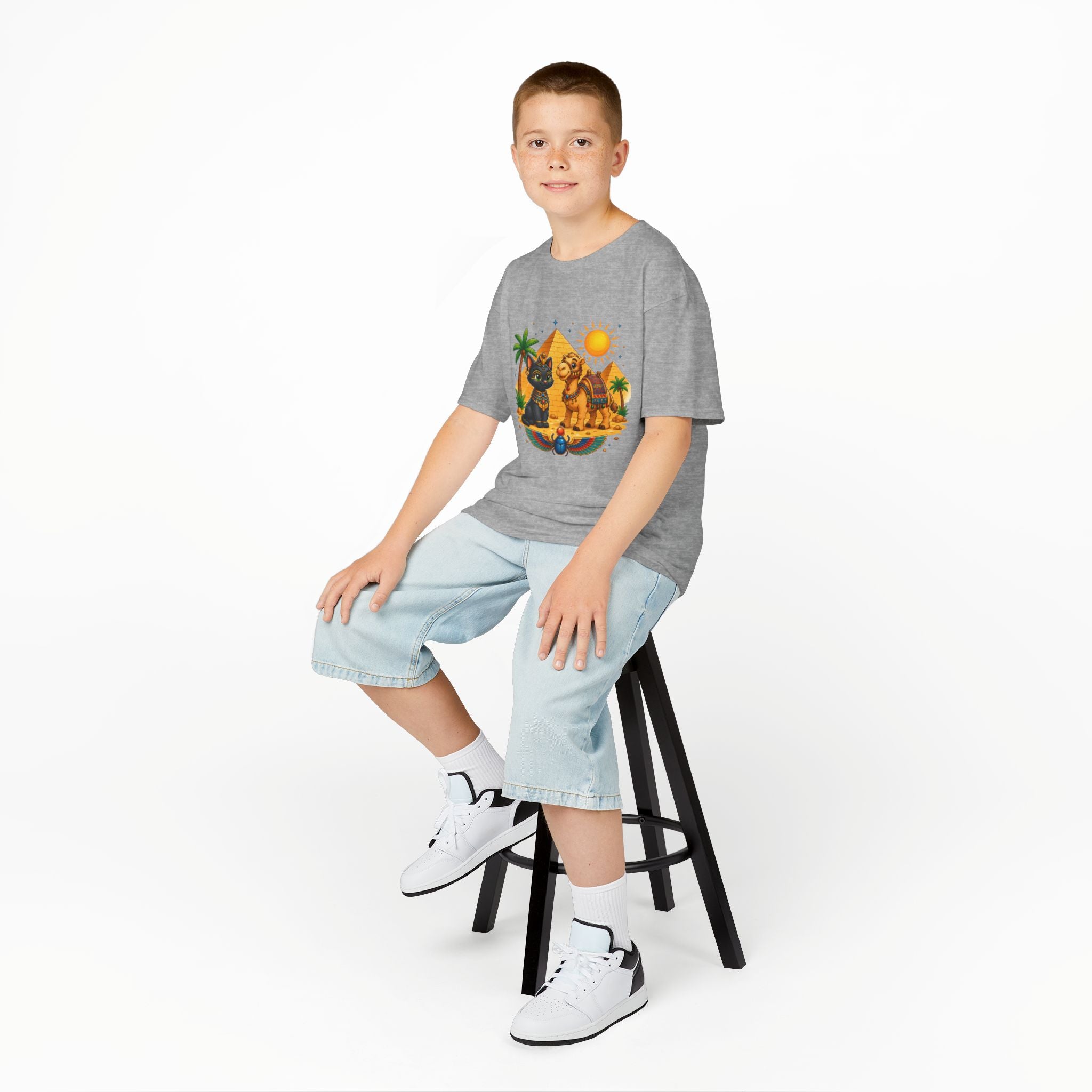 Egyptian Cats and Camel Kids Tee | Pyramid Desert Sun Illustration