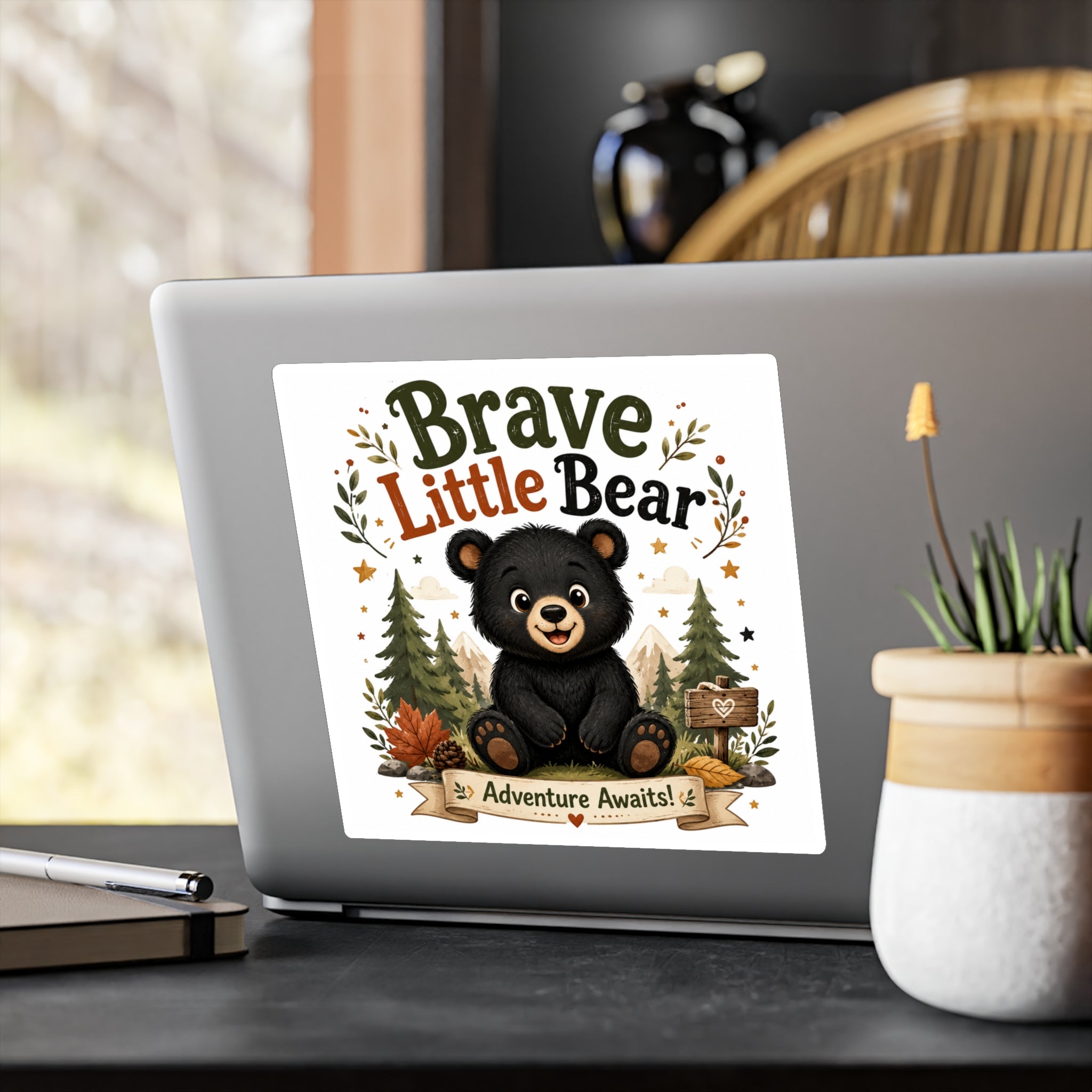 Brave Little Bear Vinyl Sticker — 'Adventure Awaits' Kiss-Cut Decal