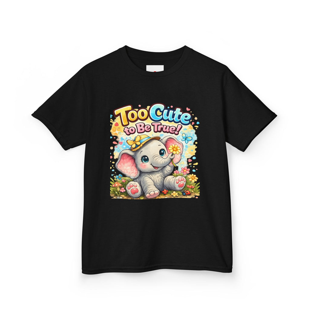 Kids Tee — "Too Cute to Be True" Elephant Graphic
