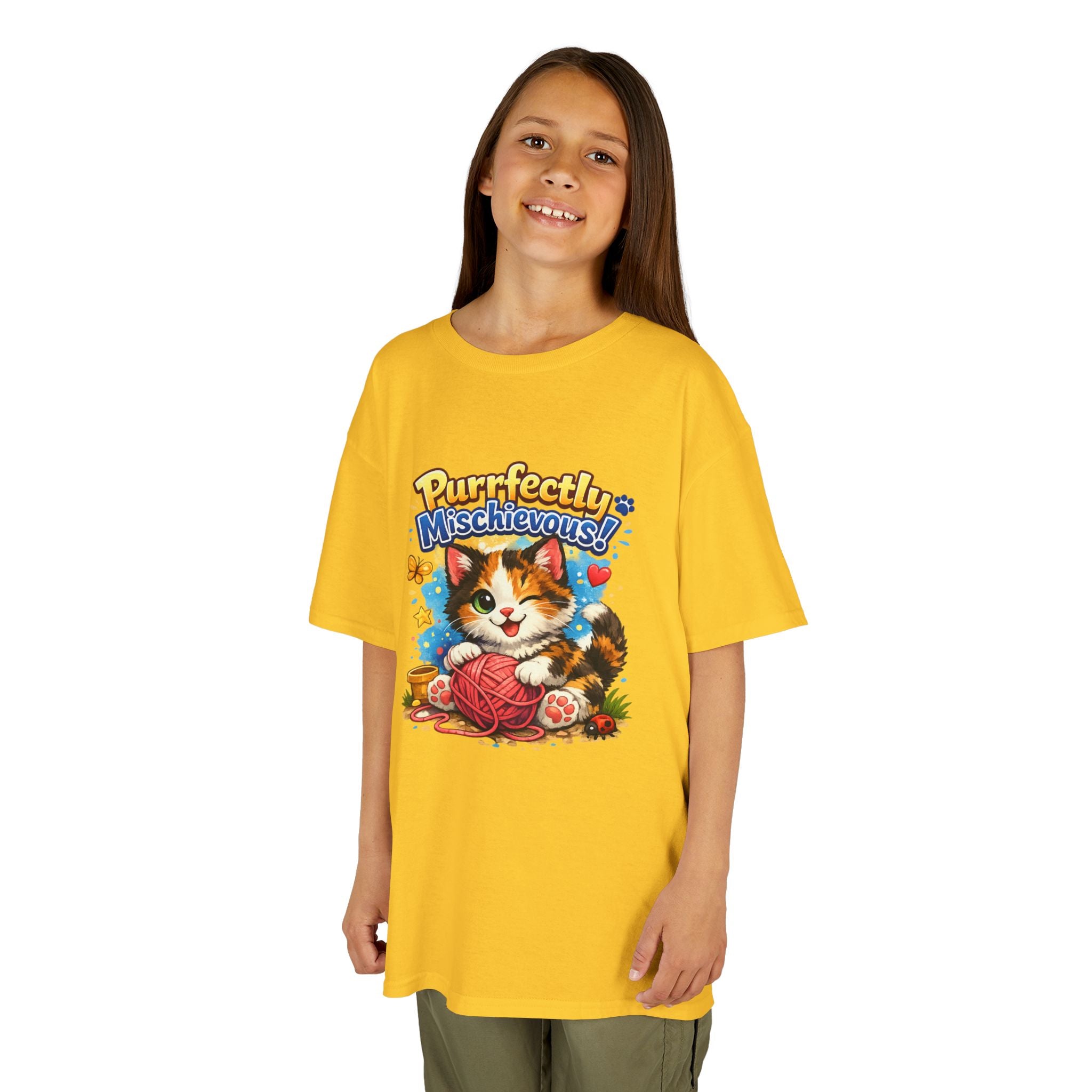 Kids T-Shirt — "Purrfectly Mischievous" Cute Kitten Playing with Yarn